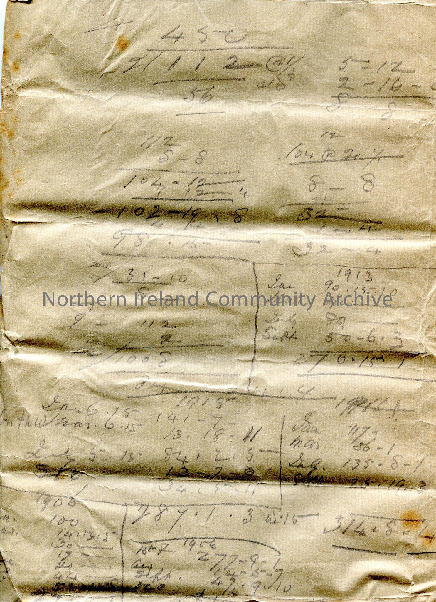 Page of handwritten rough calculations in pencil. Notes are written on the back of possibly parcel packaging which has ‘The Queen’ Windsor House, Brea… – scan265b