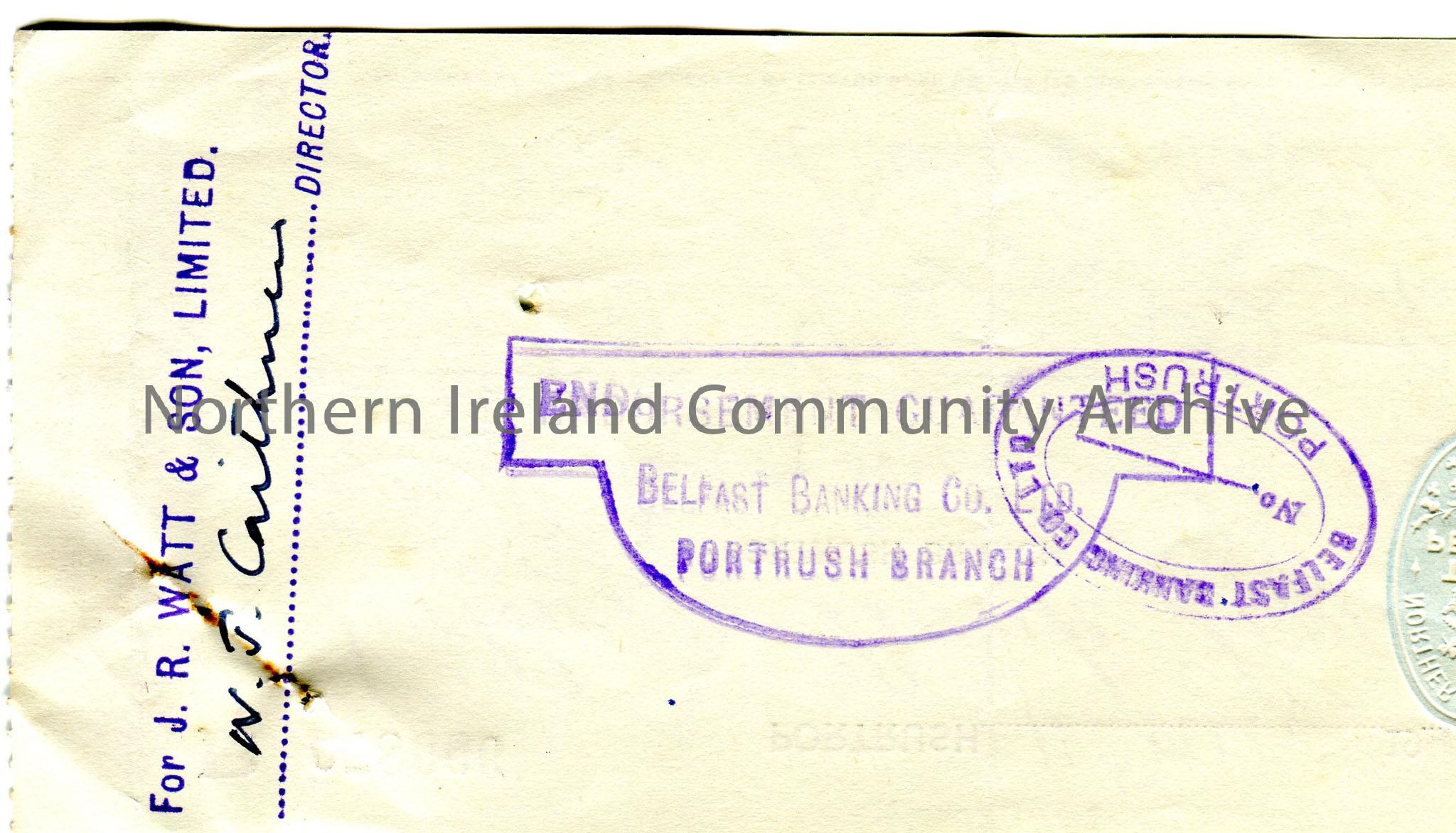 Northern Bank Limited, Portrush branch, cheque. Dated 11th January, 1957. Payable to J. R. Watt & Son from Emily M. Hezlet for £2.9.0. Scored out… – scan278b