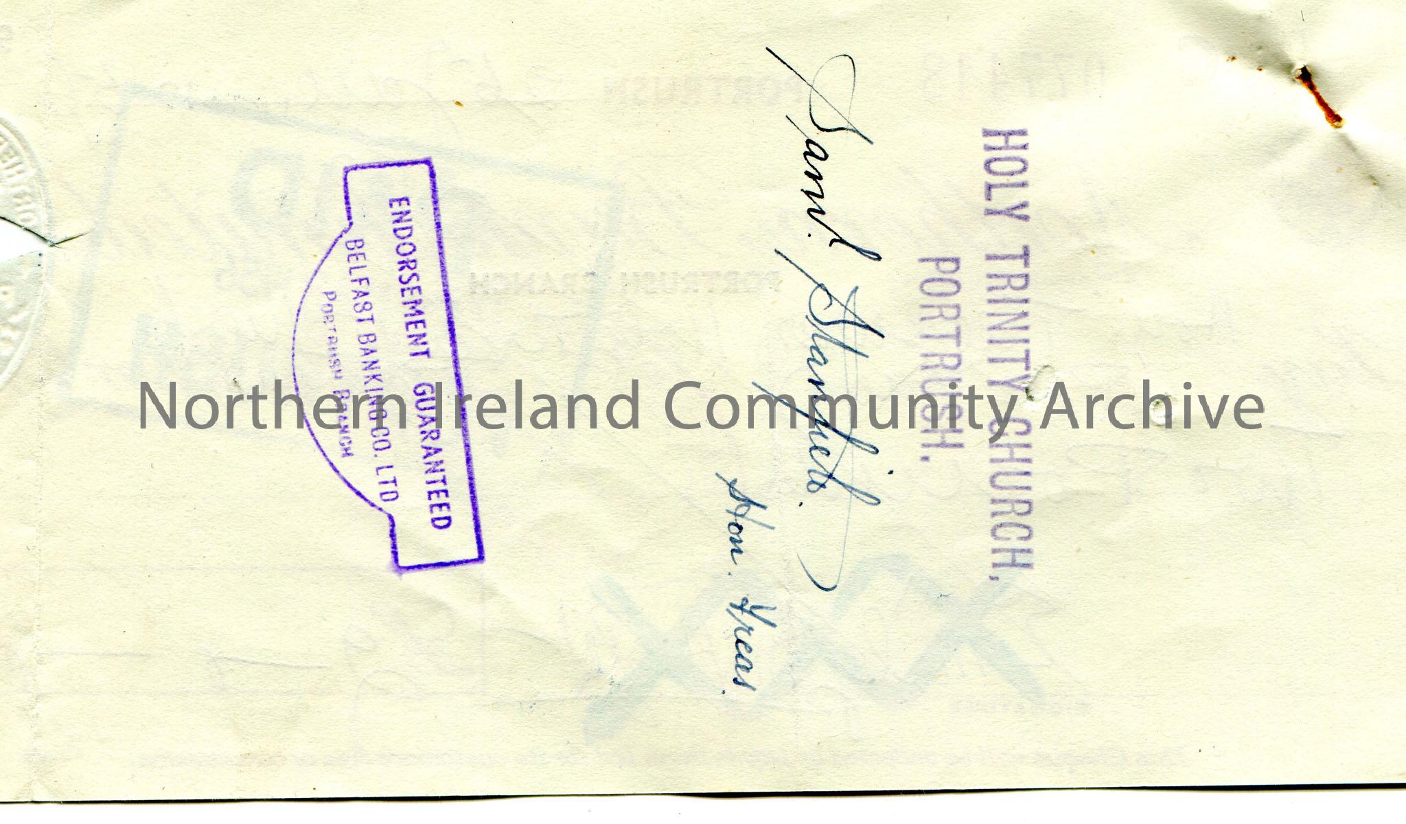 Northern Bank Limited, Portrush branch, cheque. Dated 26th January, 1956. Payable to Hon. Treasurer Holy Trinity Church Poor Fund from Emily M. Hezlet… – scan288b