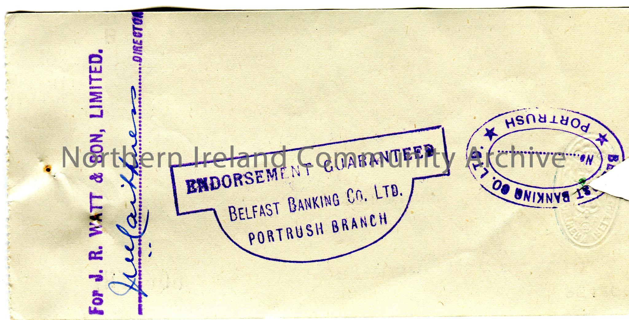 Handwritten Northern Bank Limited, Portrush branch cheque, no B14908. Payable to J. R. Watt & Son from Emily M. Hezlet for £0.9.6. Dated 4th July… – scan311b