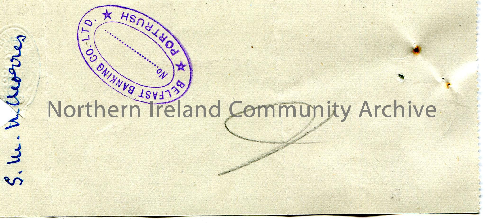 Handwritten Northern Bank Limited, Portrush branch cheque, no B14912. Payable to Mrs McMorris? Nourishment Fund, District ? Association, Portrush from… – scan314b