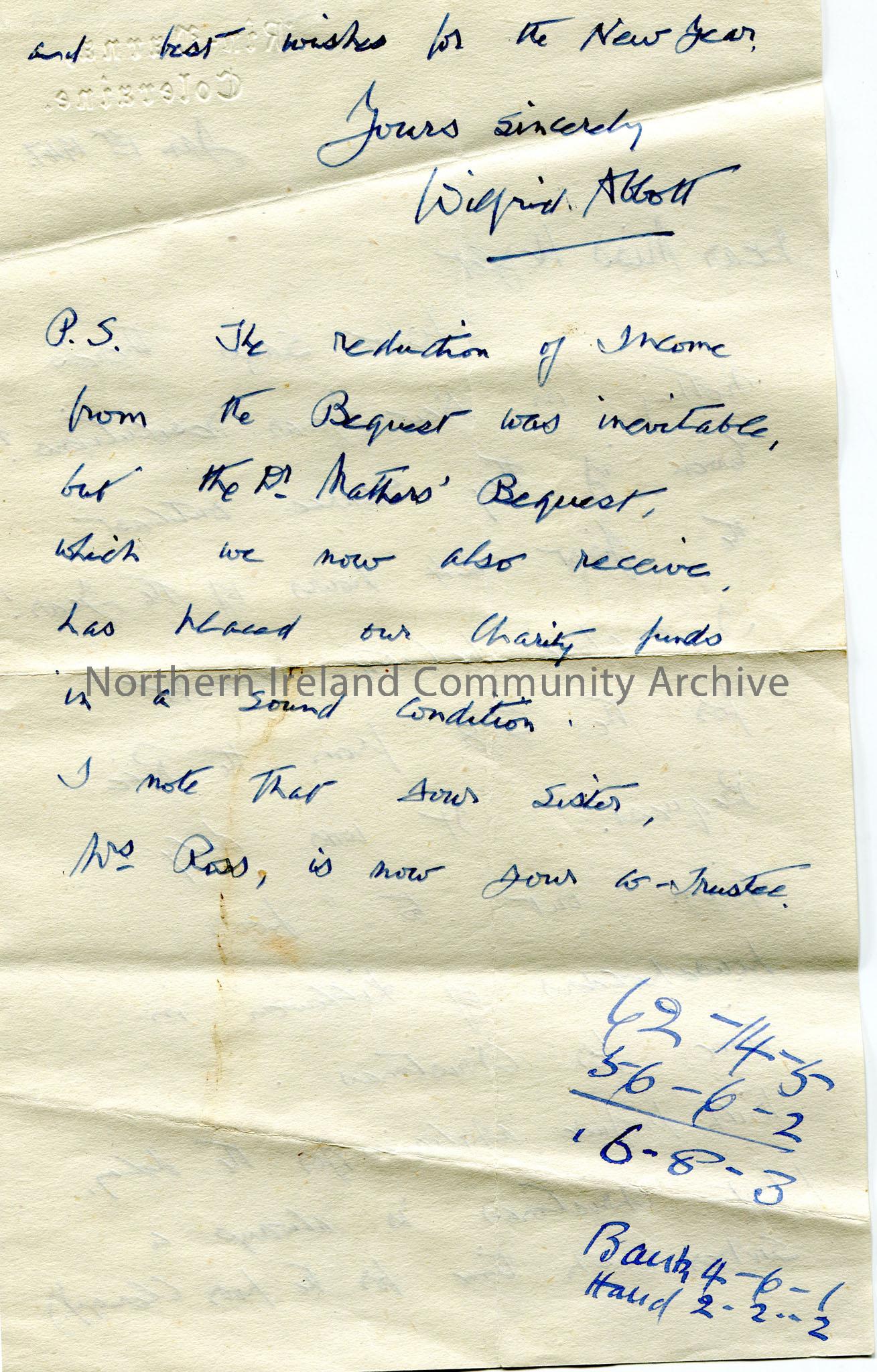 Handwritten letter, double sided, to Miss Hezlet. Refers to New Years resolutions. Encloses receipt for £8 from the Rice Bequest to the Church to… – scan335b