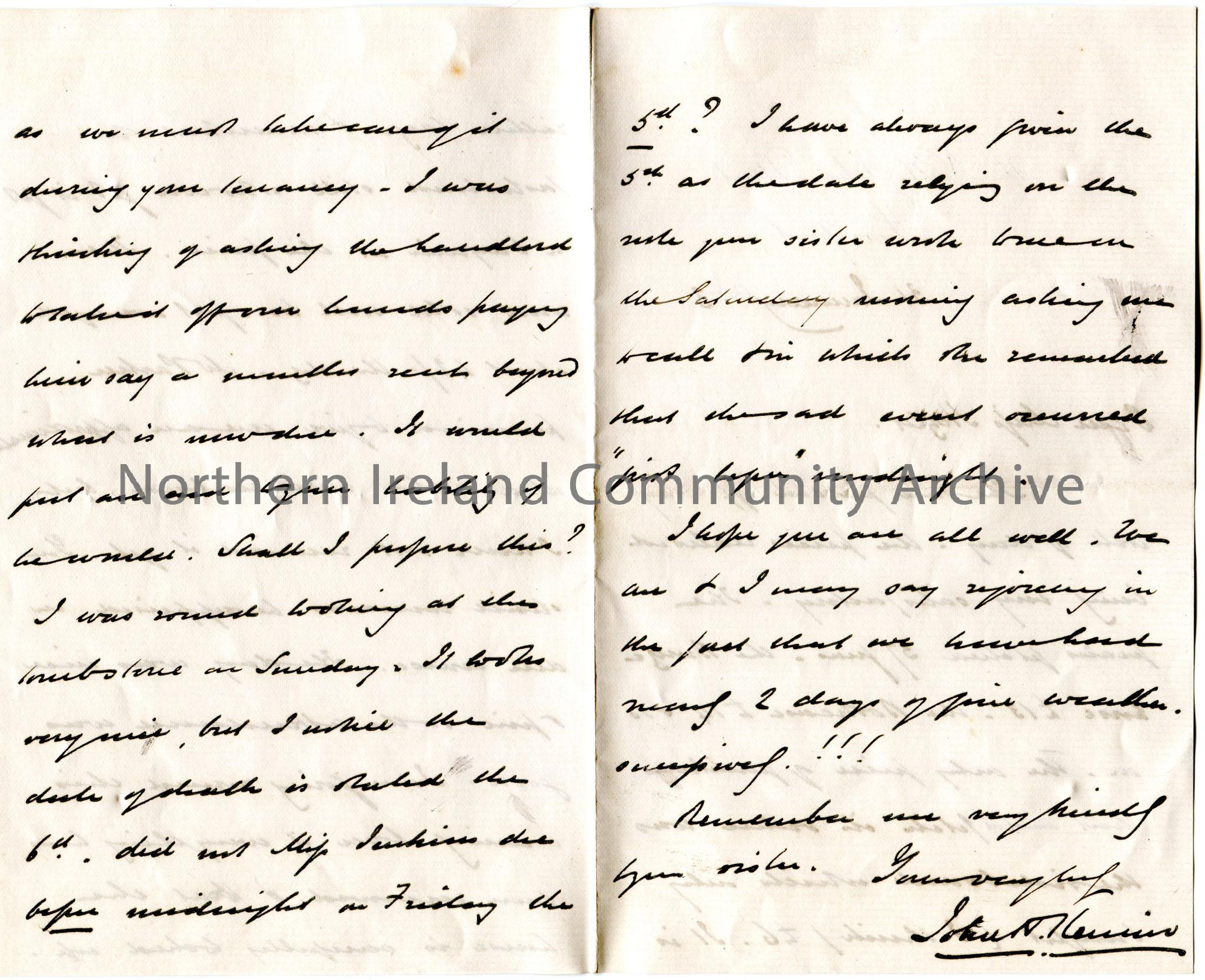 Handwritten letter, double sided, to Miss Hezlet. Writing re the sale of furniture at an auction for Miss Hezlet. – scan372b