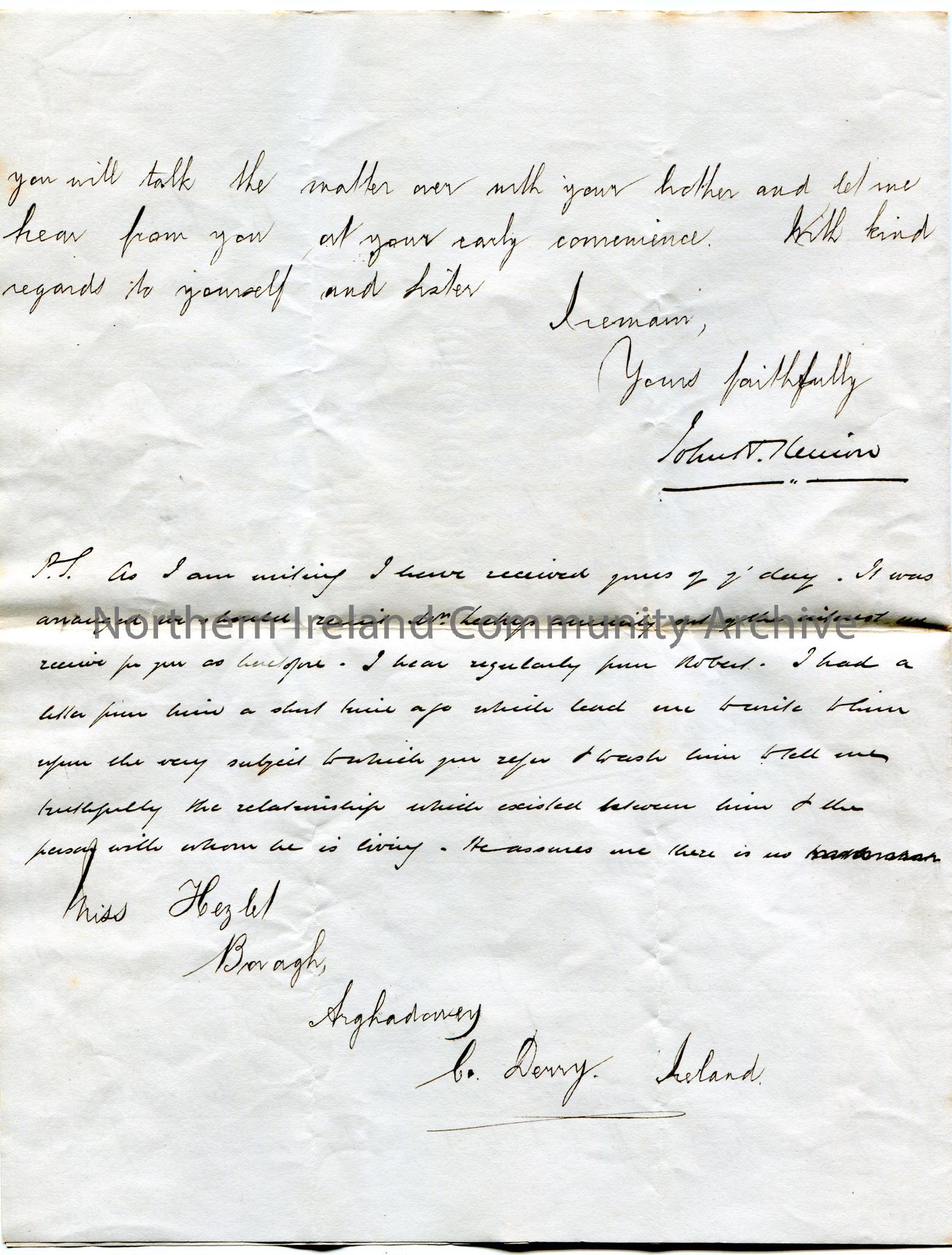 Handwritten letter, double sided and folded, to Miss Hezlet at Bovagh, Aghadowey, Co. Derry, Ireland. Writing re the Will of M. R. Jenkins, deceased. … – scan376c