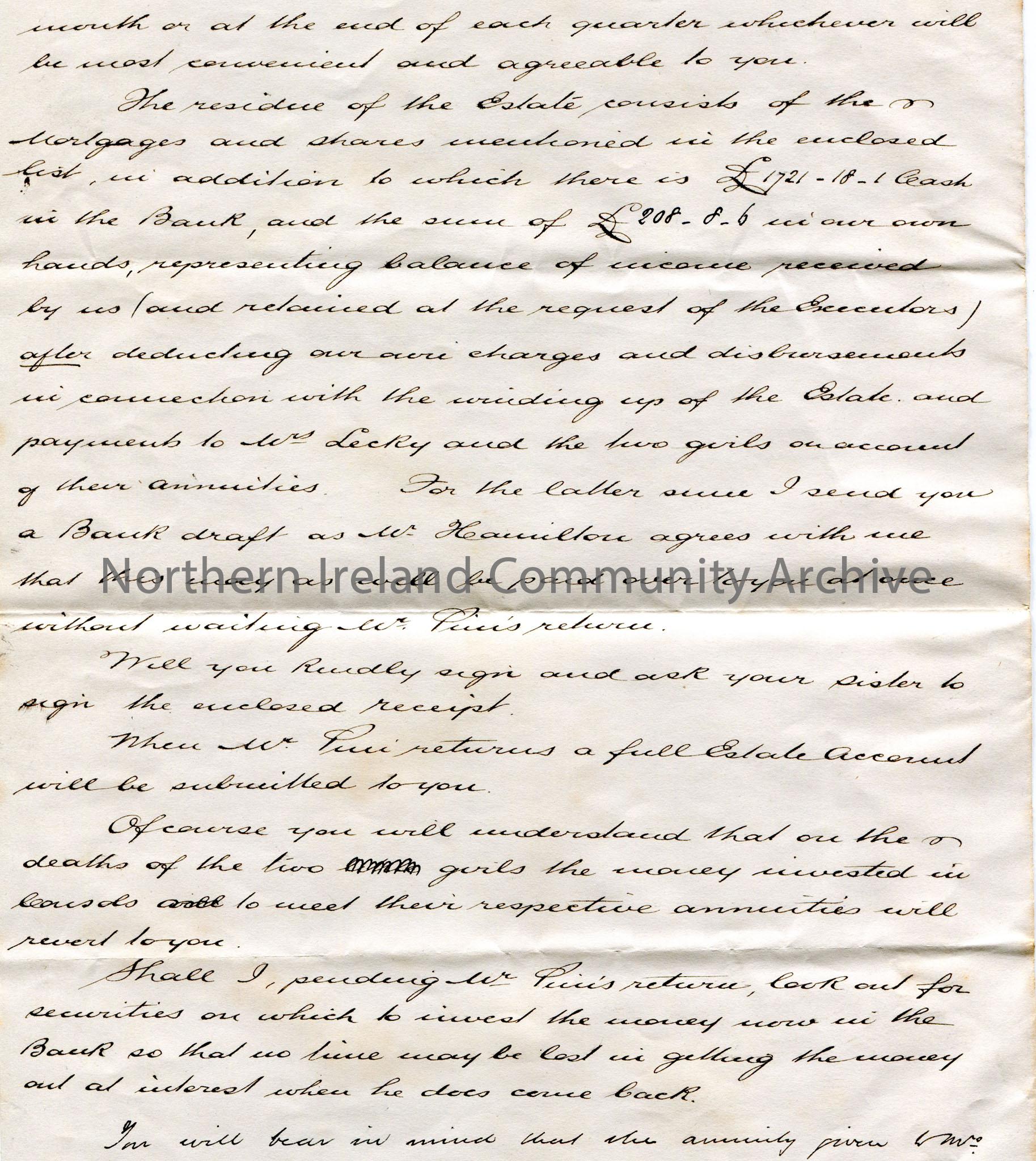 Handwritten letter, double sided and folded, to Miss Hezlet at Bovagh, Aghadowey, Co. Derry. Informs Miss Hezlet that the Executors have passed their … – scan377b