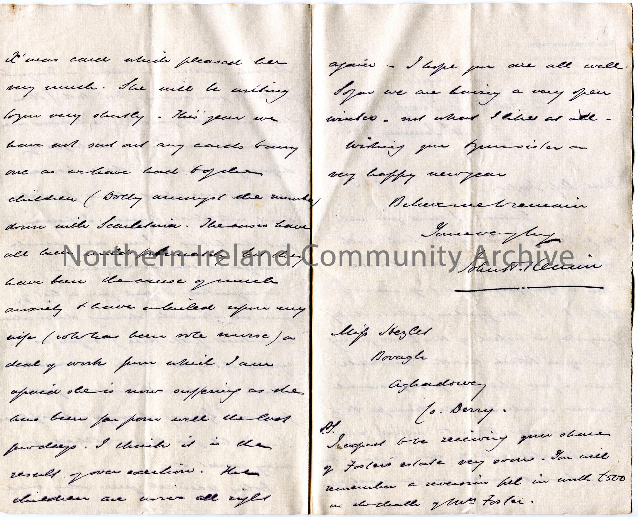 Handwritten letter to Miss Hezlet at Bovagh, Aghadowey, Co.Derry. Encloses half yearly statement of accounts and cheque for £84.11.10. Writes re … – scan403b
