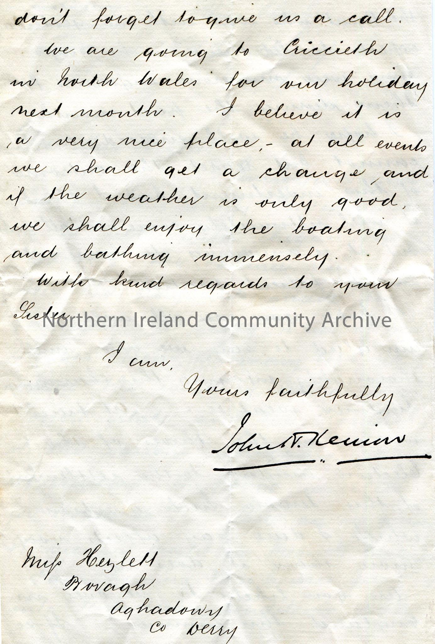 Handwritten letter, double sided, to Miss Hezlet at Bovagh, Aghadowey, Co.Derry. Encloses half yearly statement of accounts and cheque for £132.1… – scan406b
