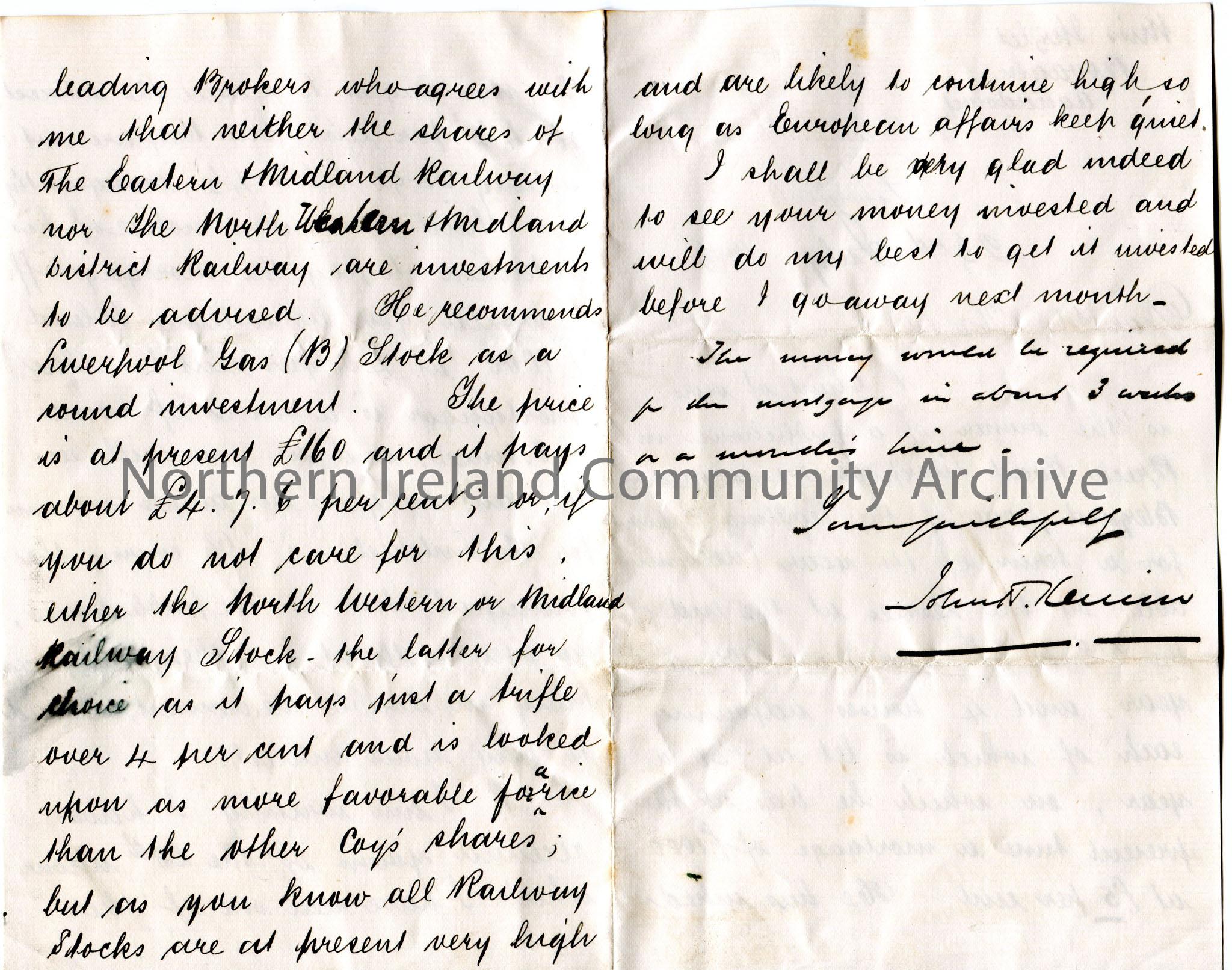 Handwritten letter, double sided, to Miss Hezlet at Bovagh, Aghadowey. Asks Miss Hezlet if she is willing to lend £1000 at 4 1/2 percent for a pu… – scan427b