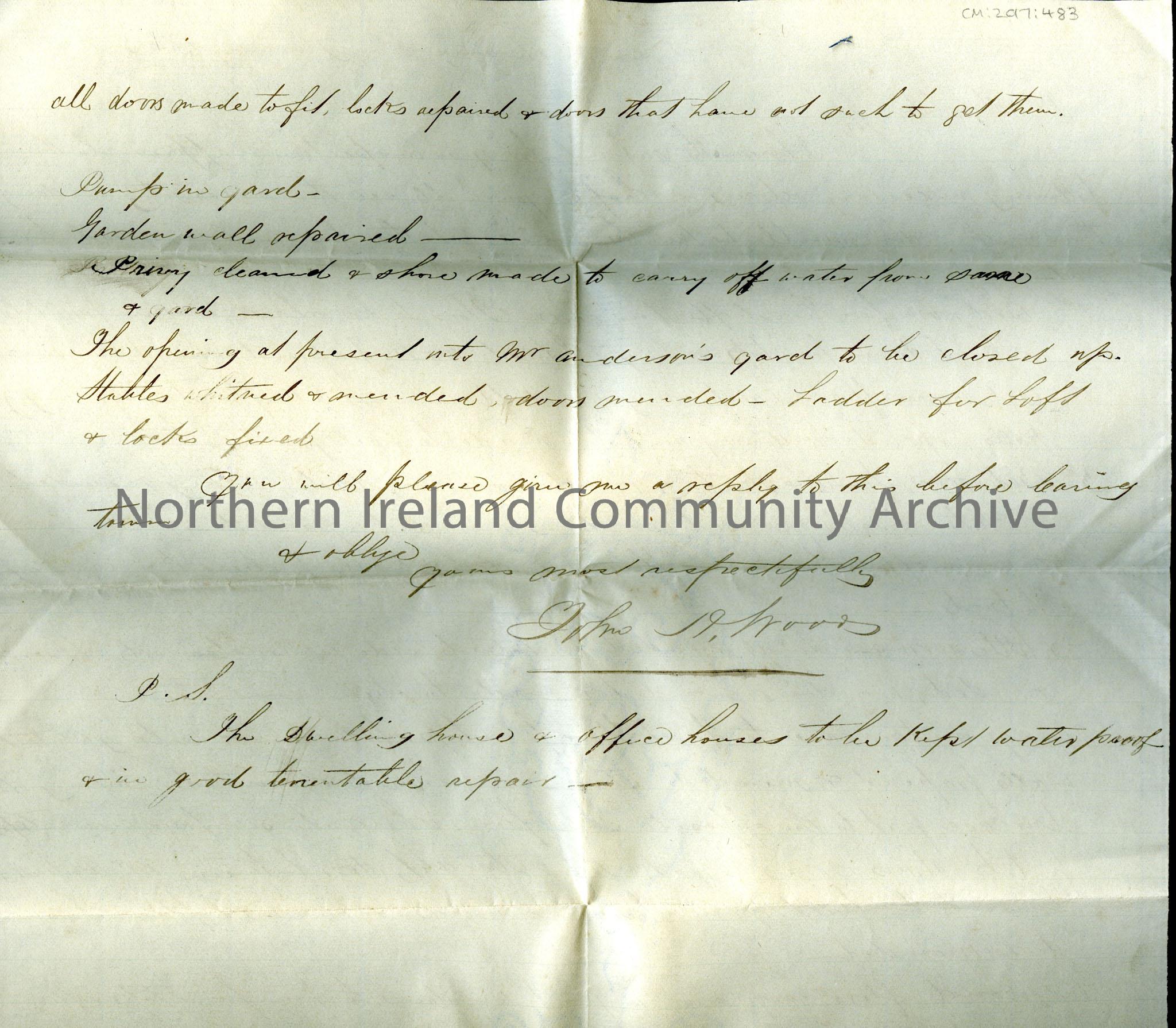 Handwritten letter to ‘Mr. Hezlet’ from ‘John Moore(?)’. Letter is seeking approval from Mr. Hezlet for repairs to a property to be put up for rent. L… – scan475c