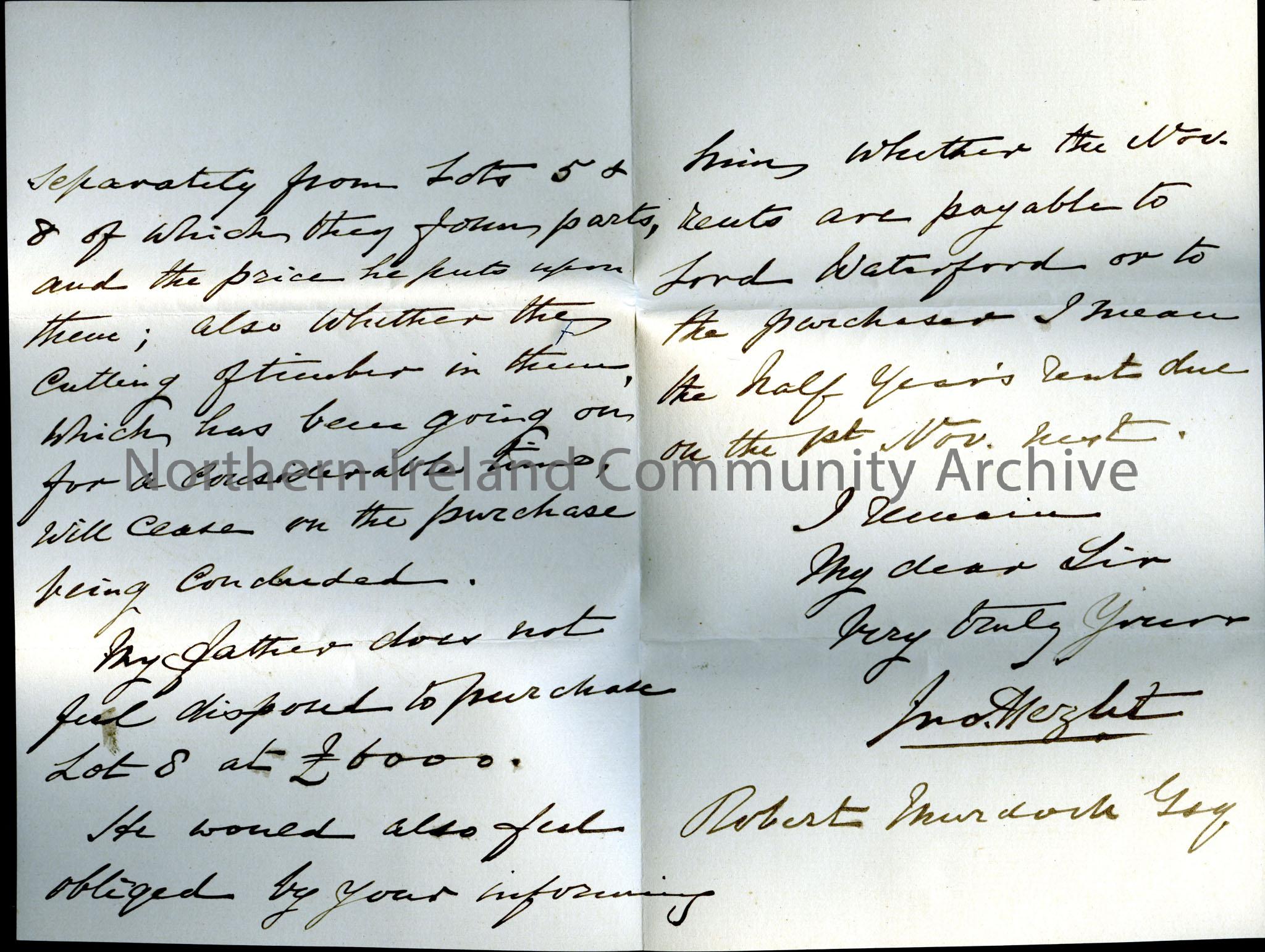 Handwritten letter from Mr. Hezlet to ‘Robert Murdoch Esq’ re. ‘the Waterford Estate’. Hezlet states that his father has instructed him to confirm his… – scan482c