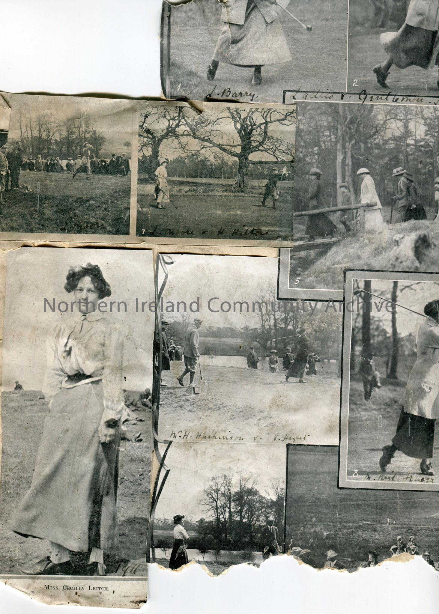 Collage of images cut out from newspaper re golf. ‘Ladies v Gentlemen, Stokes Poges 1911’. Images of women playing golf. images captioned in ink, ‘L. … – img004c