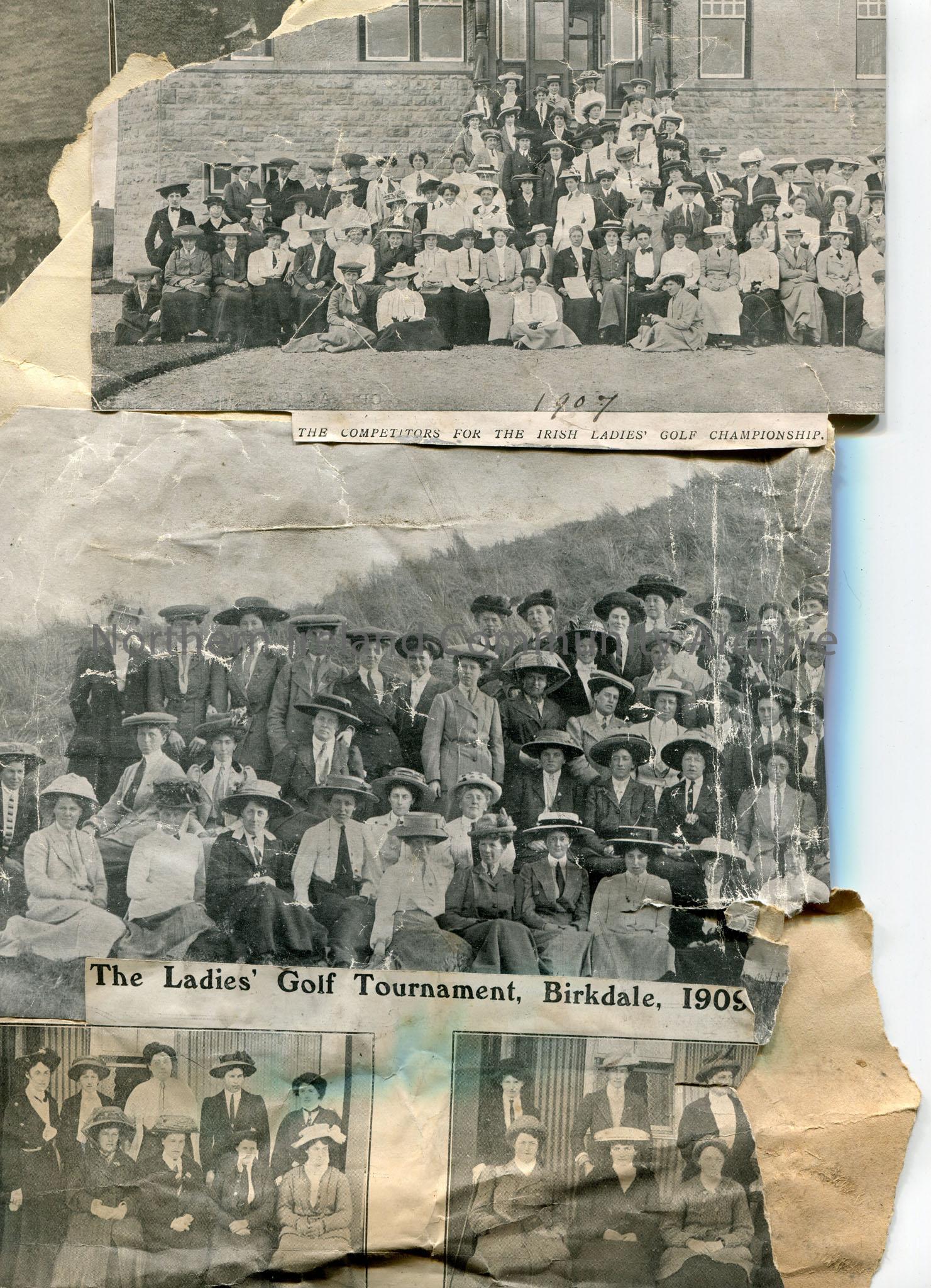 Newspaper cuttings of photographs stuck to paper re ‘The Ladies Golf Tournament, Birkdale, 1909’, images titled, ‘England’, ‘Ireland’, ‘Scotland’, and… – img016f