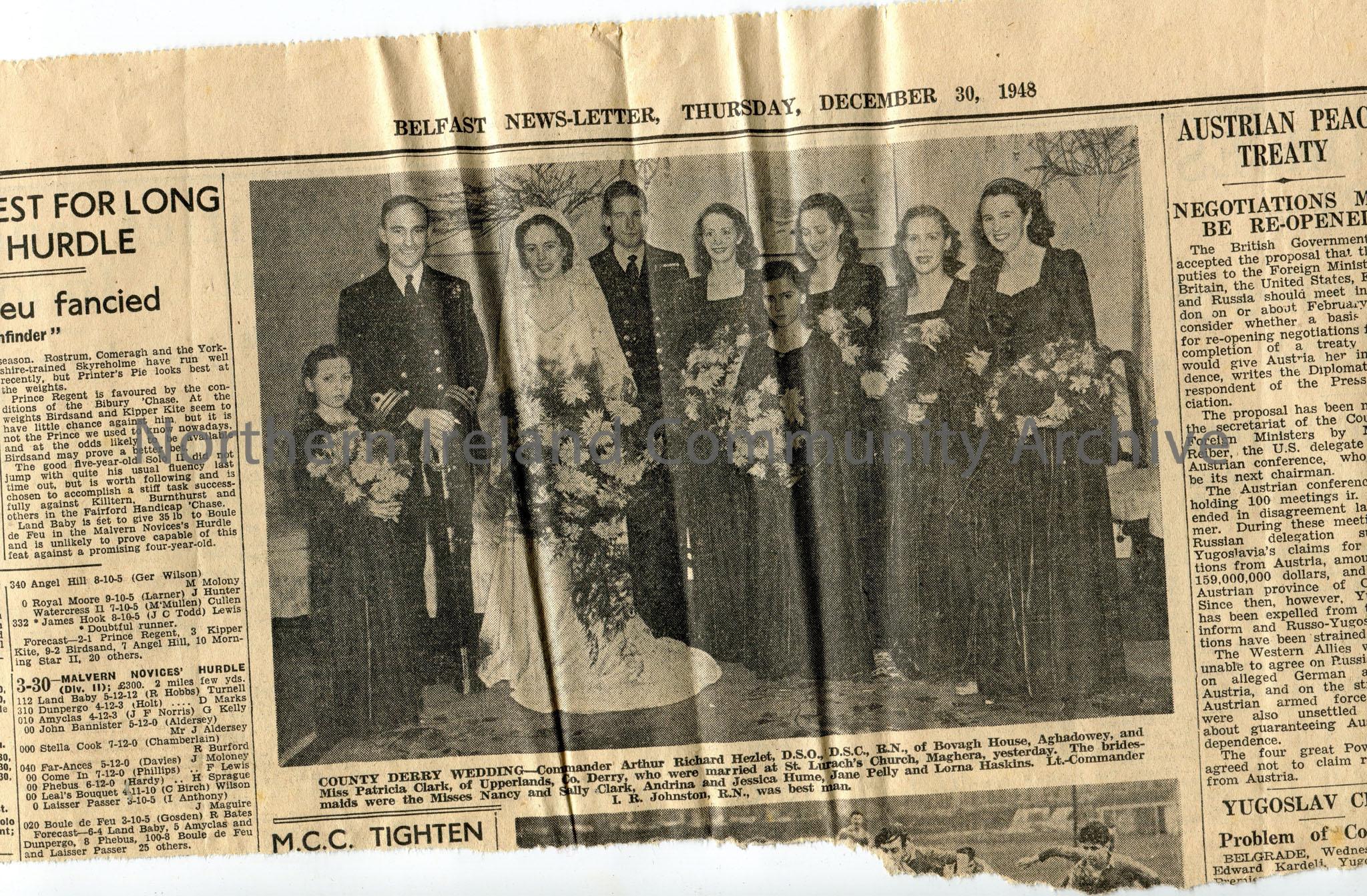 Newspaper cutting from the Belfast News-Letter, Thursday, December 30, 1948. Image of a wedding party captioned, “County Derry Wedding”. Marriage betw…