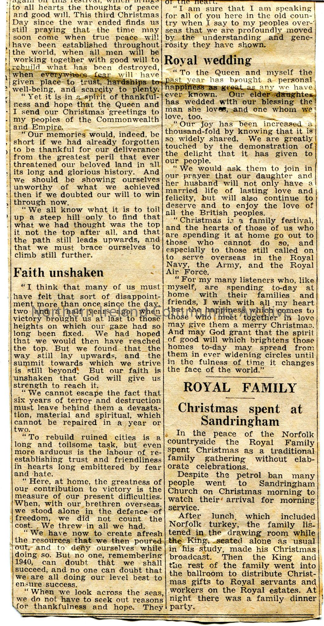 Newspaper cutting from the Belfast News-Letter, Saturday 27th December, 1947. Article titled, “King’s Broadcast, Confidence in Britain’s future”. Arti… – img024b