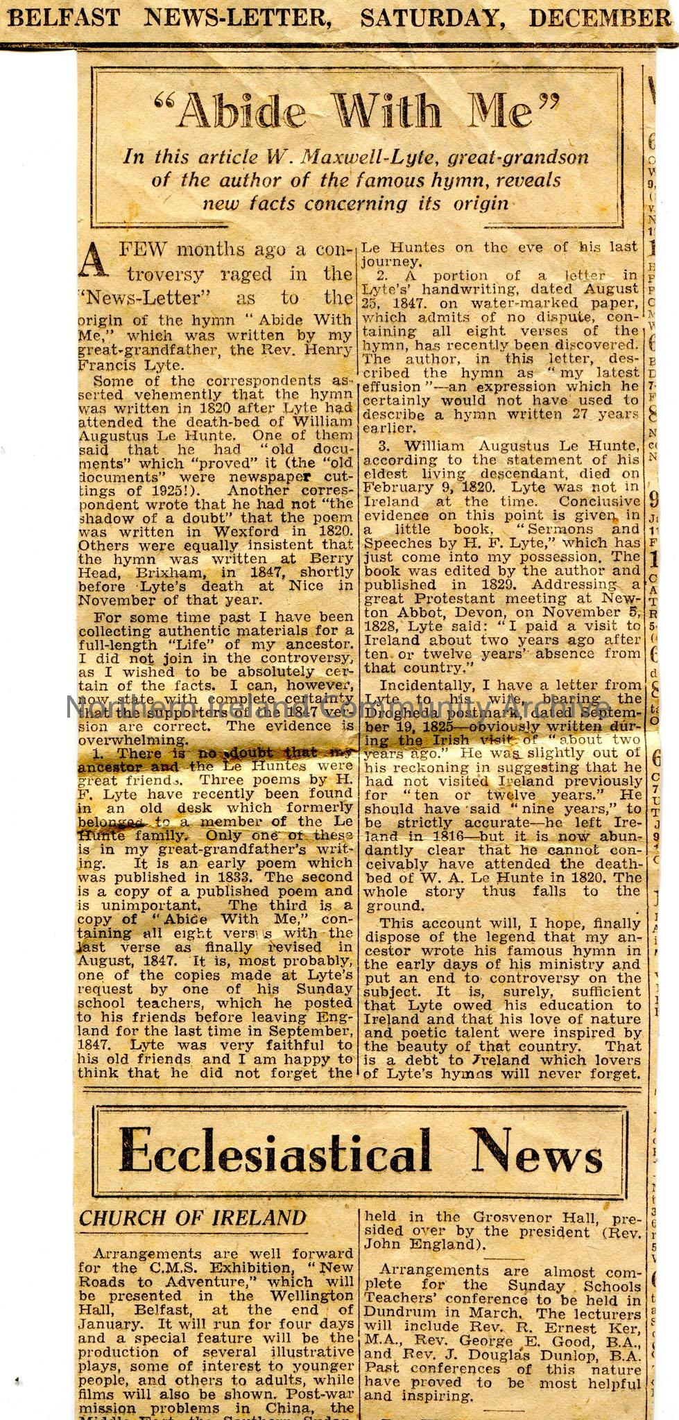 Newspaper cutting from the Belfast News-Letter, Saturday 27th December, 1947. Article titled, “King’s Broadcast, Confidence in Britain’s future”. Arti… – img024c
