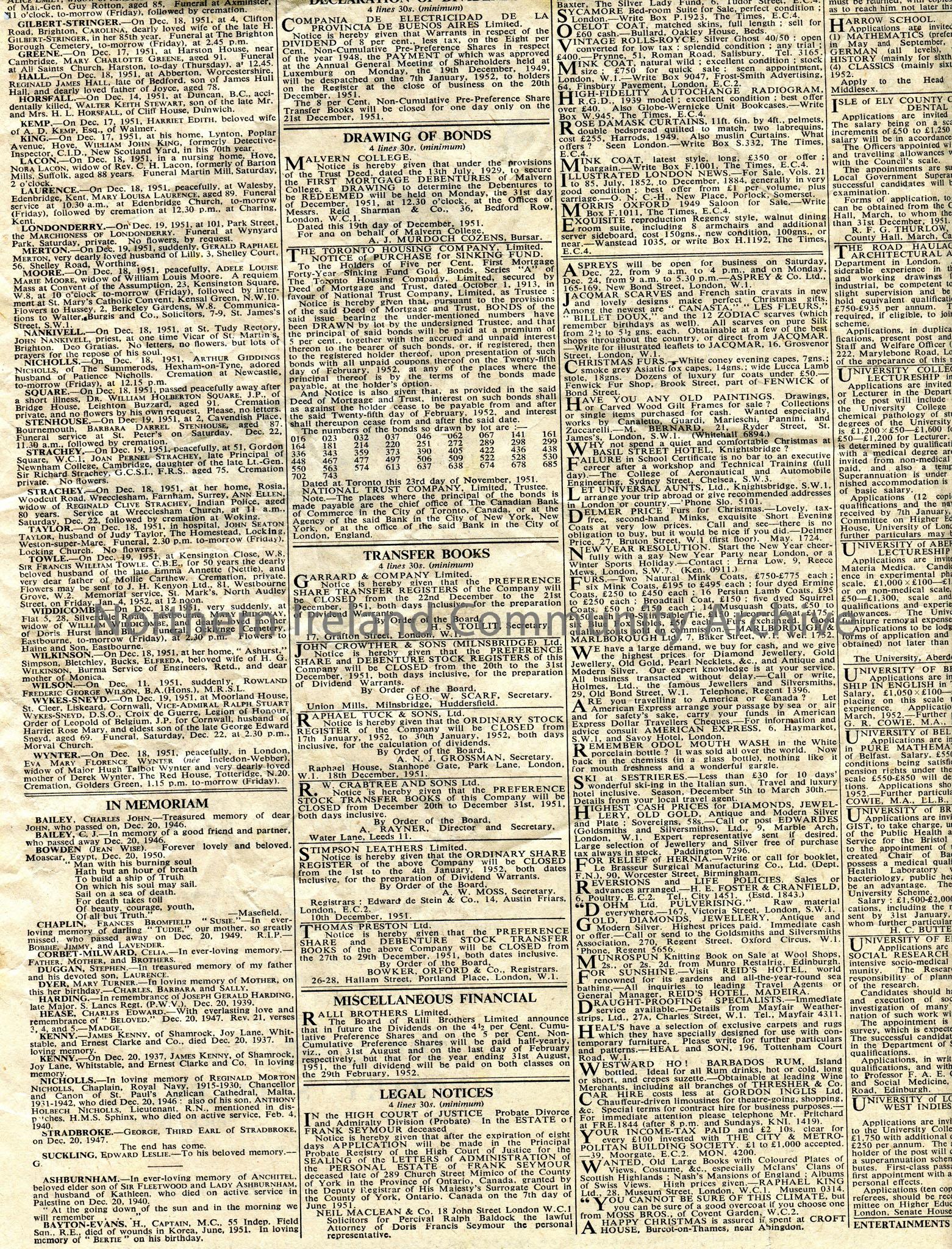 Front and back page from ‘The Times’ newspaper, ‘Late London Edition’. Dated Thursday 20th December, 1951. Includes ‘A Route to Everest’ feature, birt… – img025c