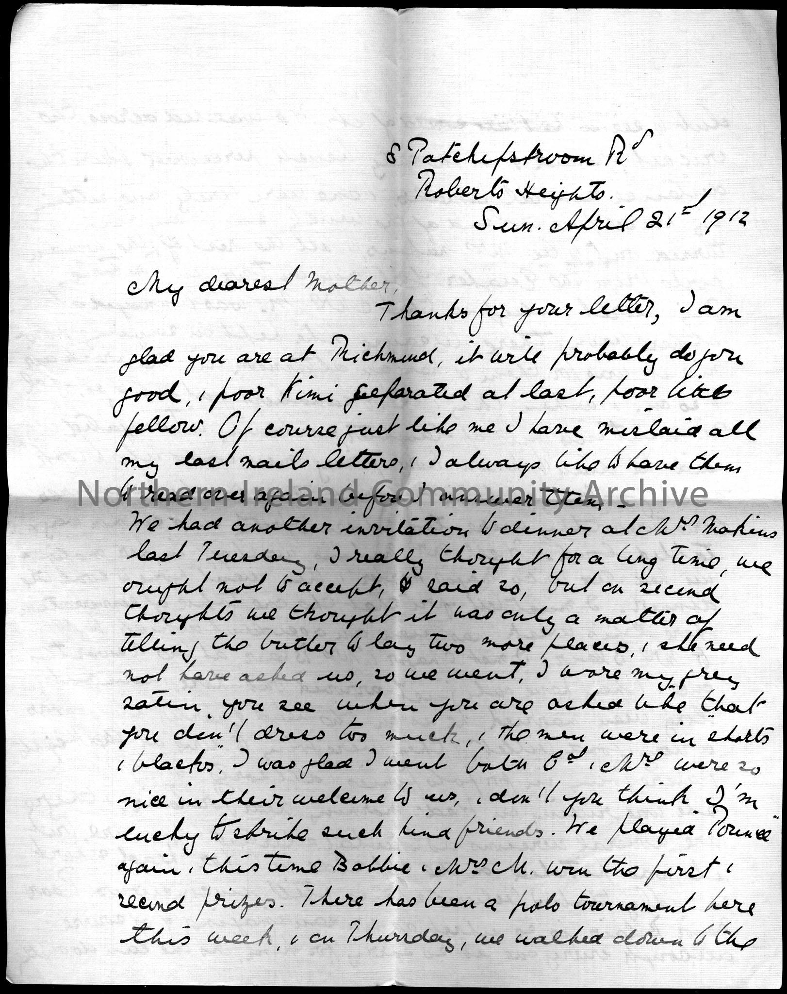 letter from Dorothy Arter Hezlet to her mother from Pretoria, Roberts Heights, dated Sun April 21st 1912. Dorothy writes that her mother is currently … – CM.2014.1208.1 front
