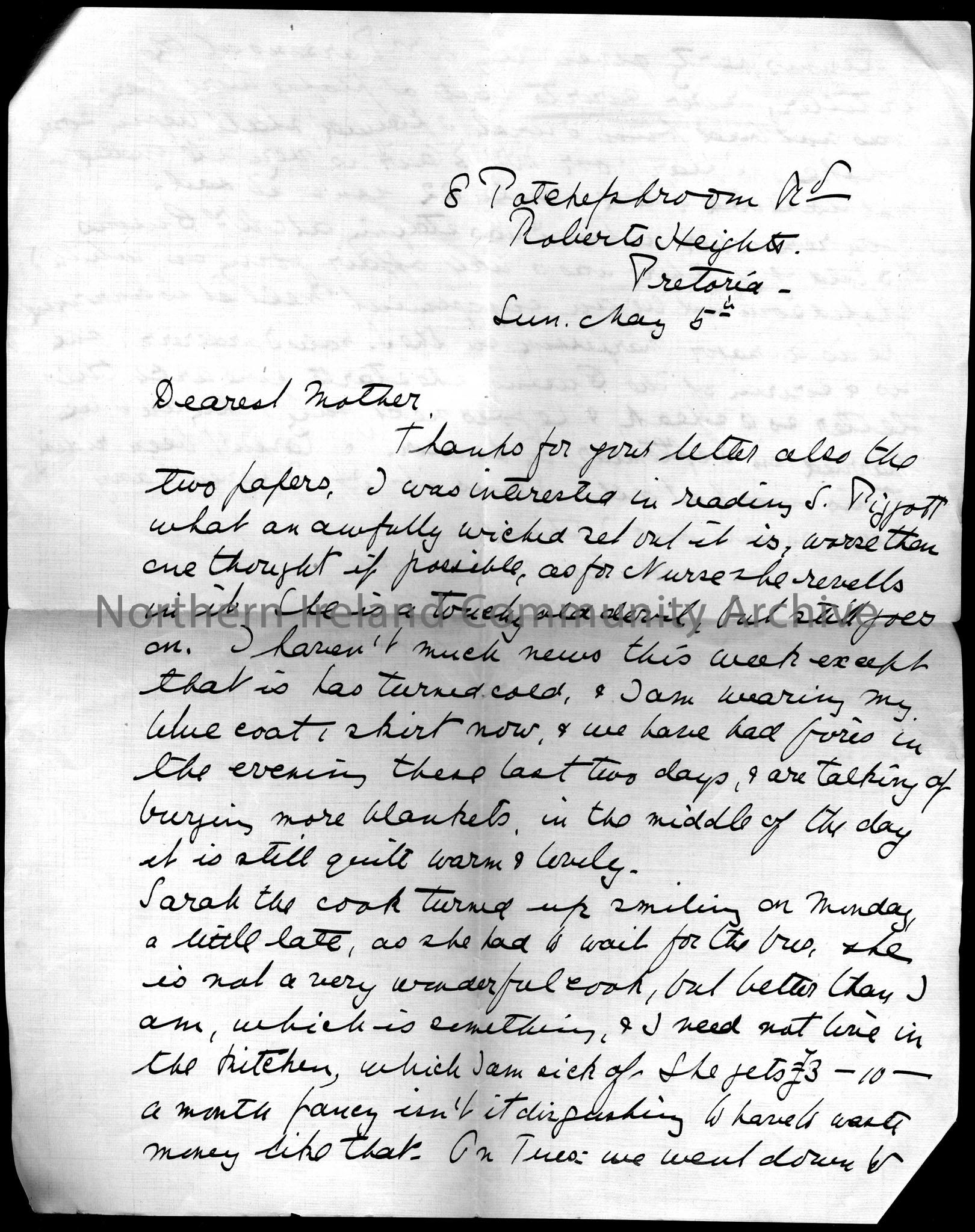 letter from Lady Dorothy Arter Hezlet to her mother, sent from Roberts Heights Pretoria, dated Sun May 5th. Dorothy writes of Sarah her cook and her w… – CM.2014.1238 front