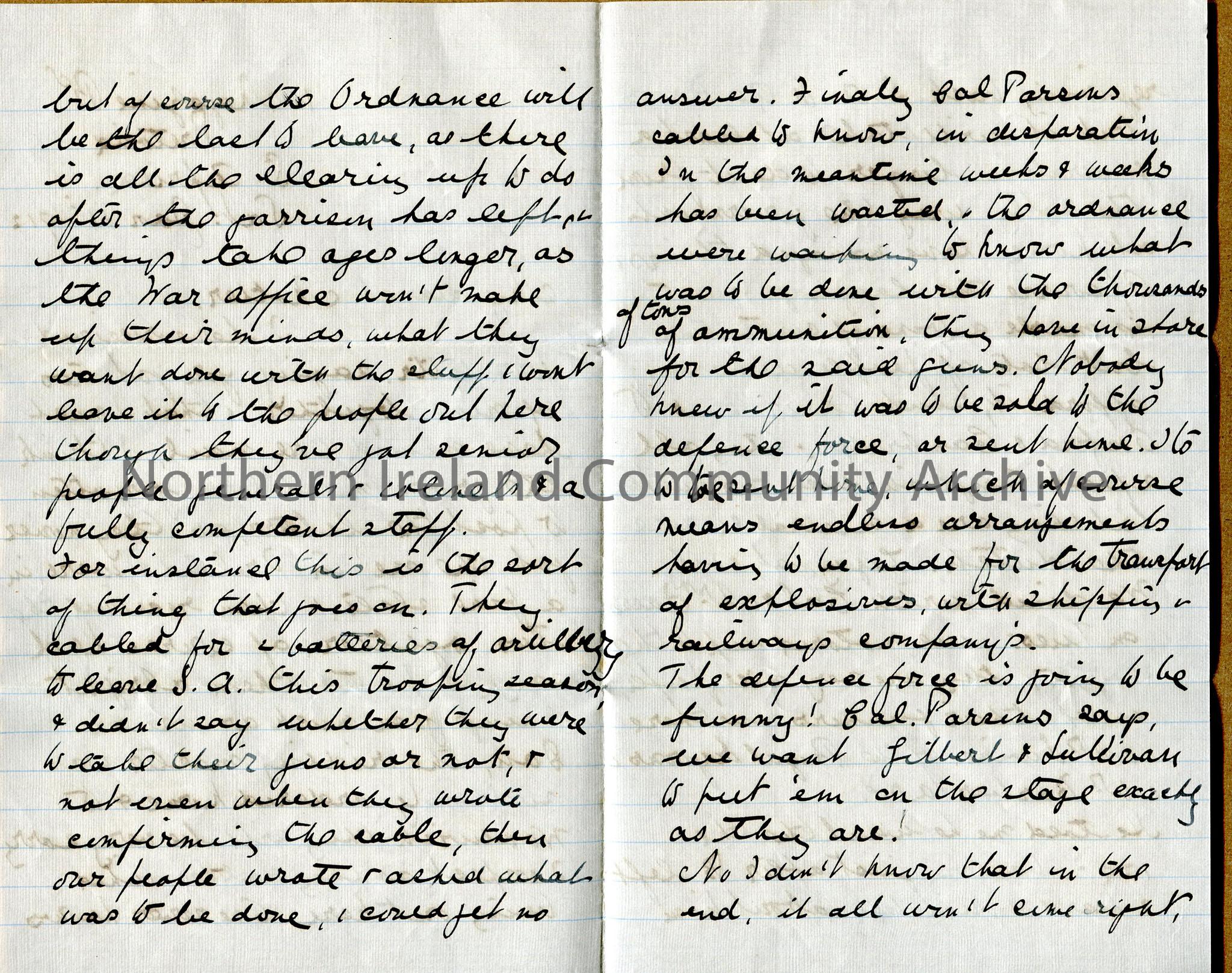 One of 2 double pages of handwritten letter from Dorothy to her mother. Discusses problems with garrison and ammunition transfer/storage, entertainmen… – img018b