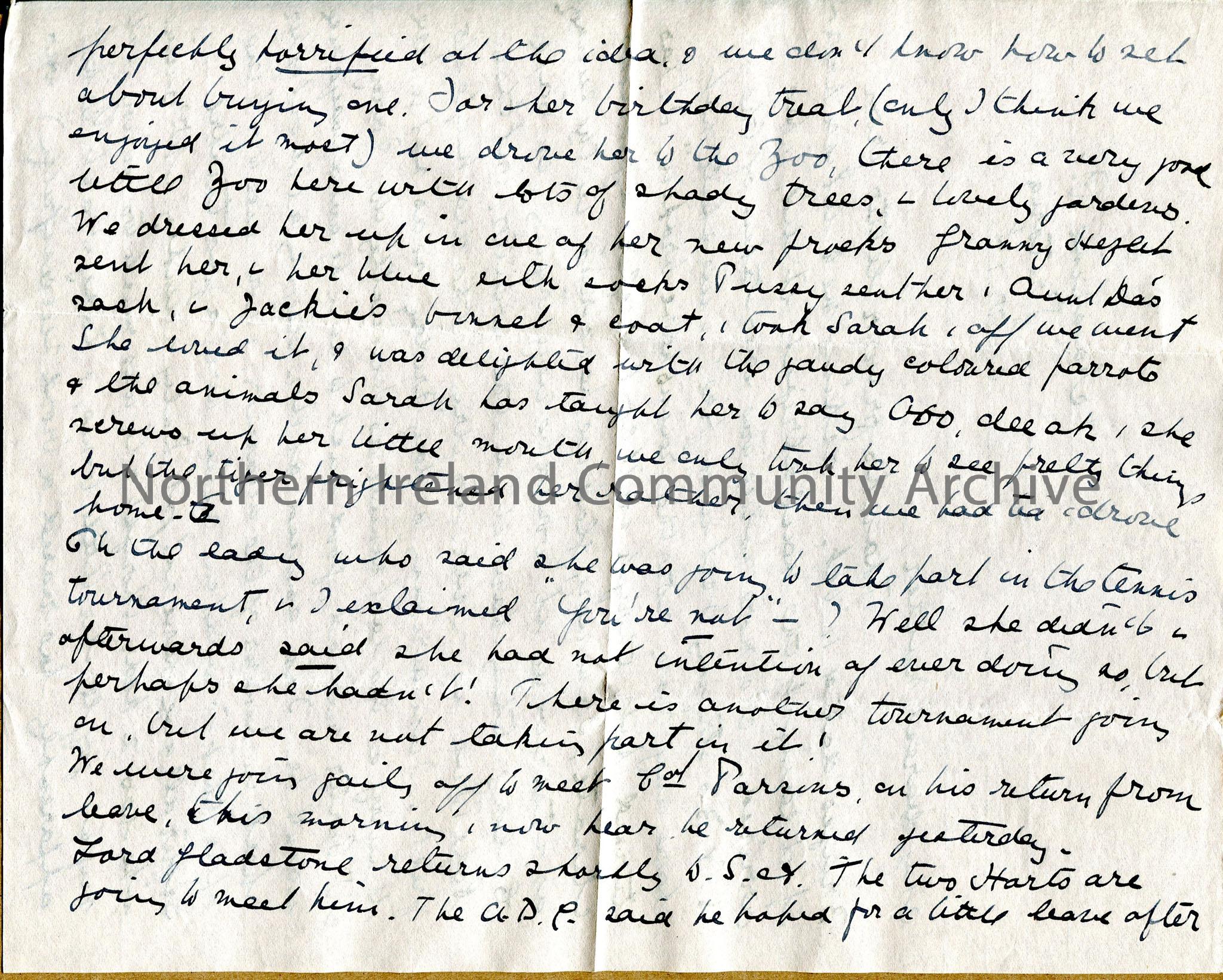 One of 3 pages of handwritten letter. Dressed ‘Baby’ up and took her to zoo for her birthday. Describes a dinner party she held, with details of femal… – img030b