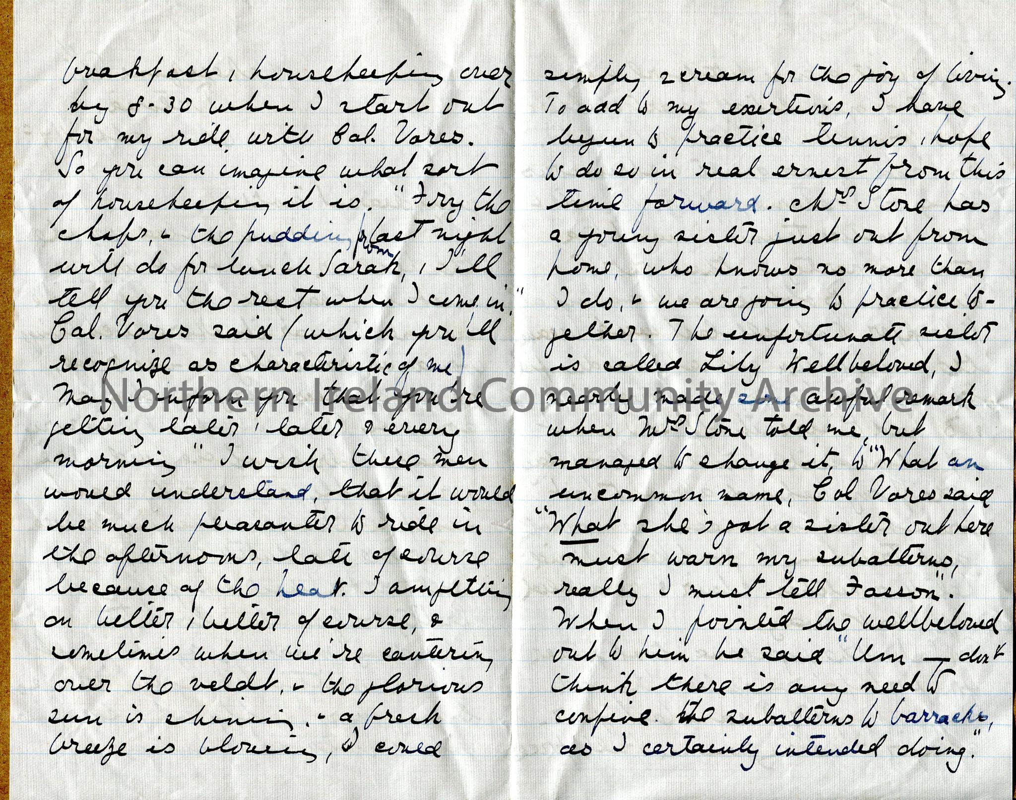 One of 2 double pages of handwritten letter. Comments on Dutch dress style. Regular horse rides in the mornings. Describes gymkhana event and a Major … – img034b