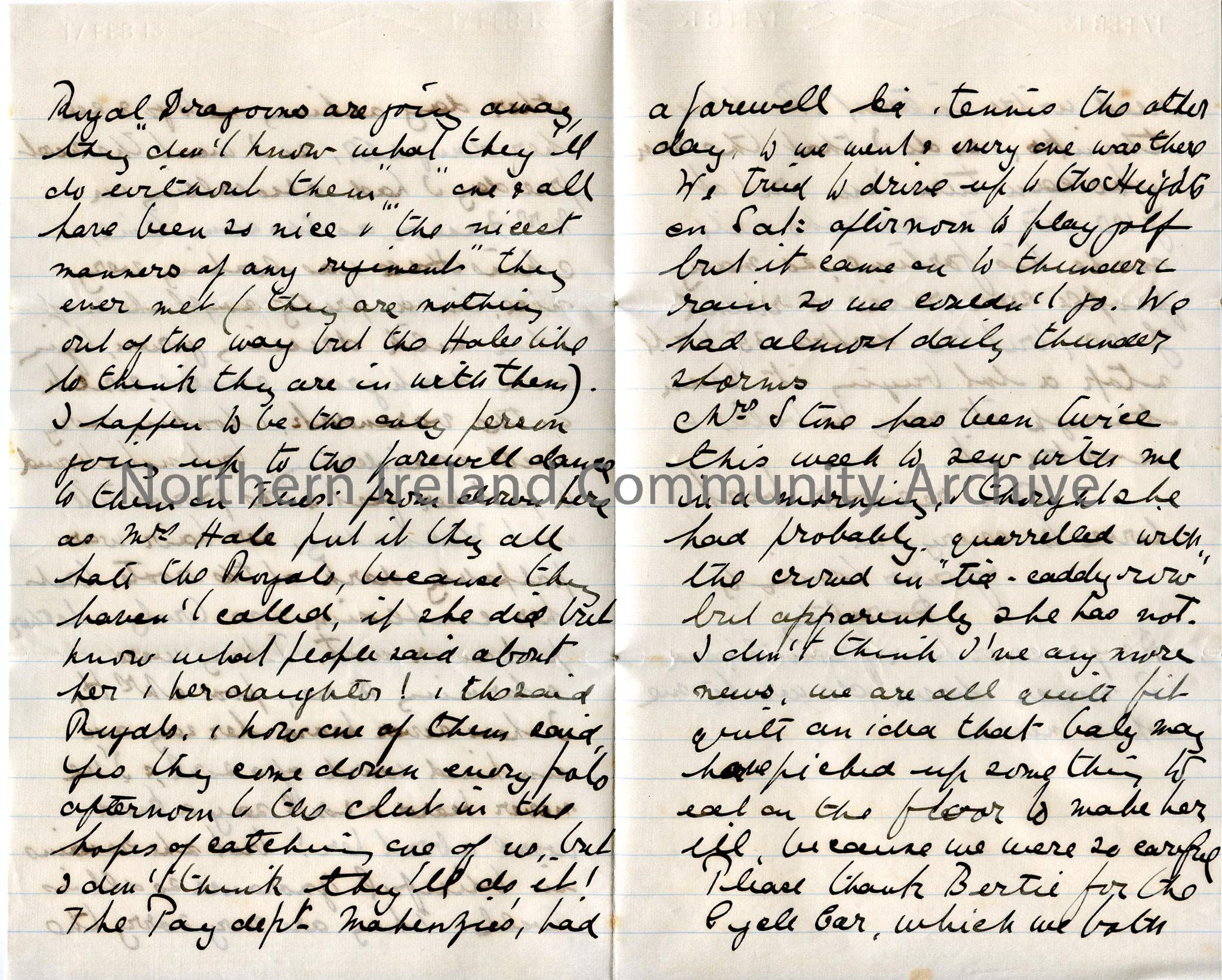 One of 2 double pages of handwritten letter from Dorothy to her mother. Discusses servant problems, dog found under bed eating frog, making lace edged… – img041b