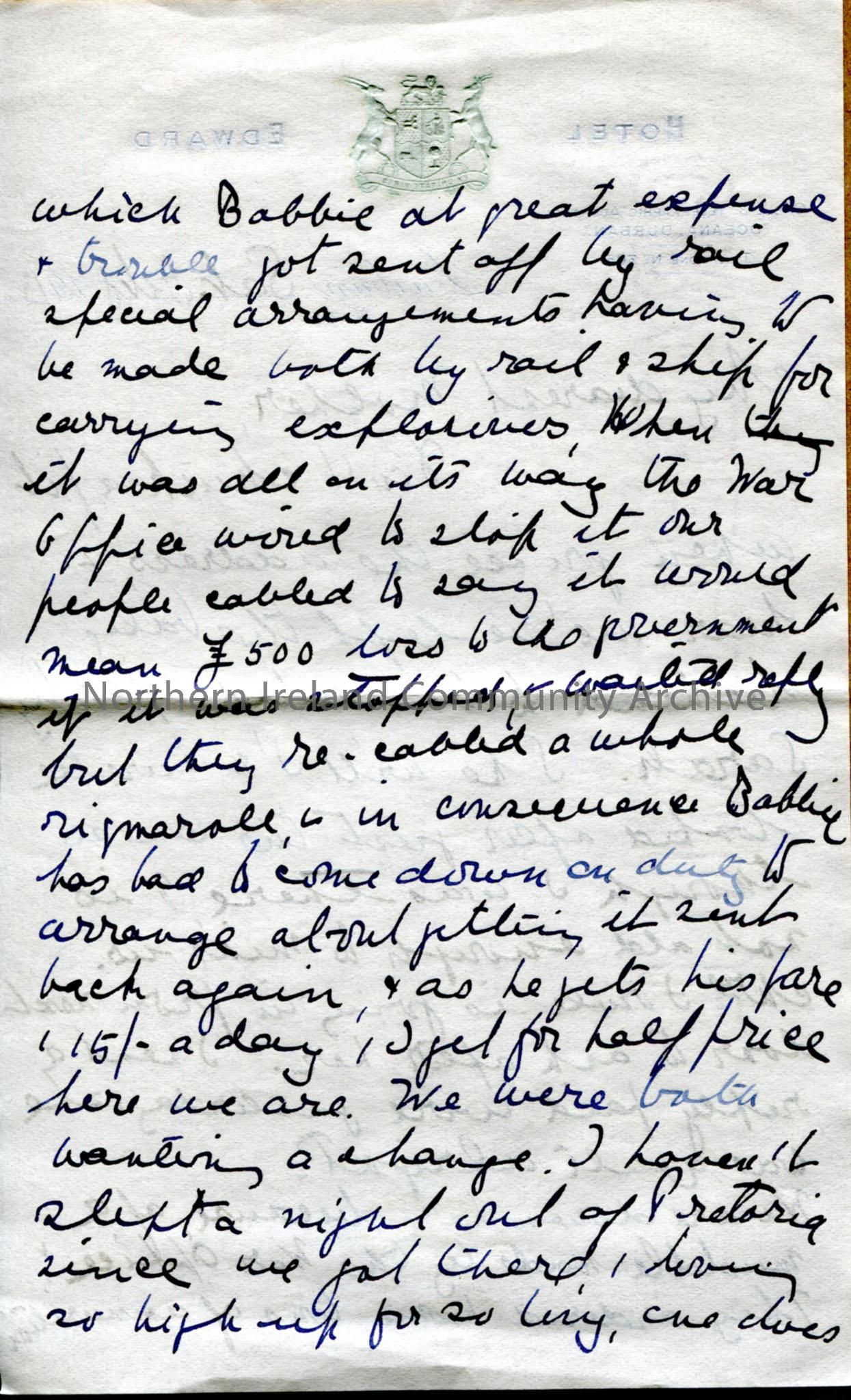 One of 7 pages of handwritten letter, on both sides, from Dorothy to her mother – on stationery notepaper of Hotel Edward in Durban. Military mix-up o… – img065b