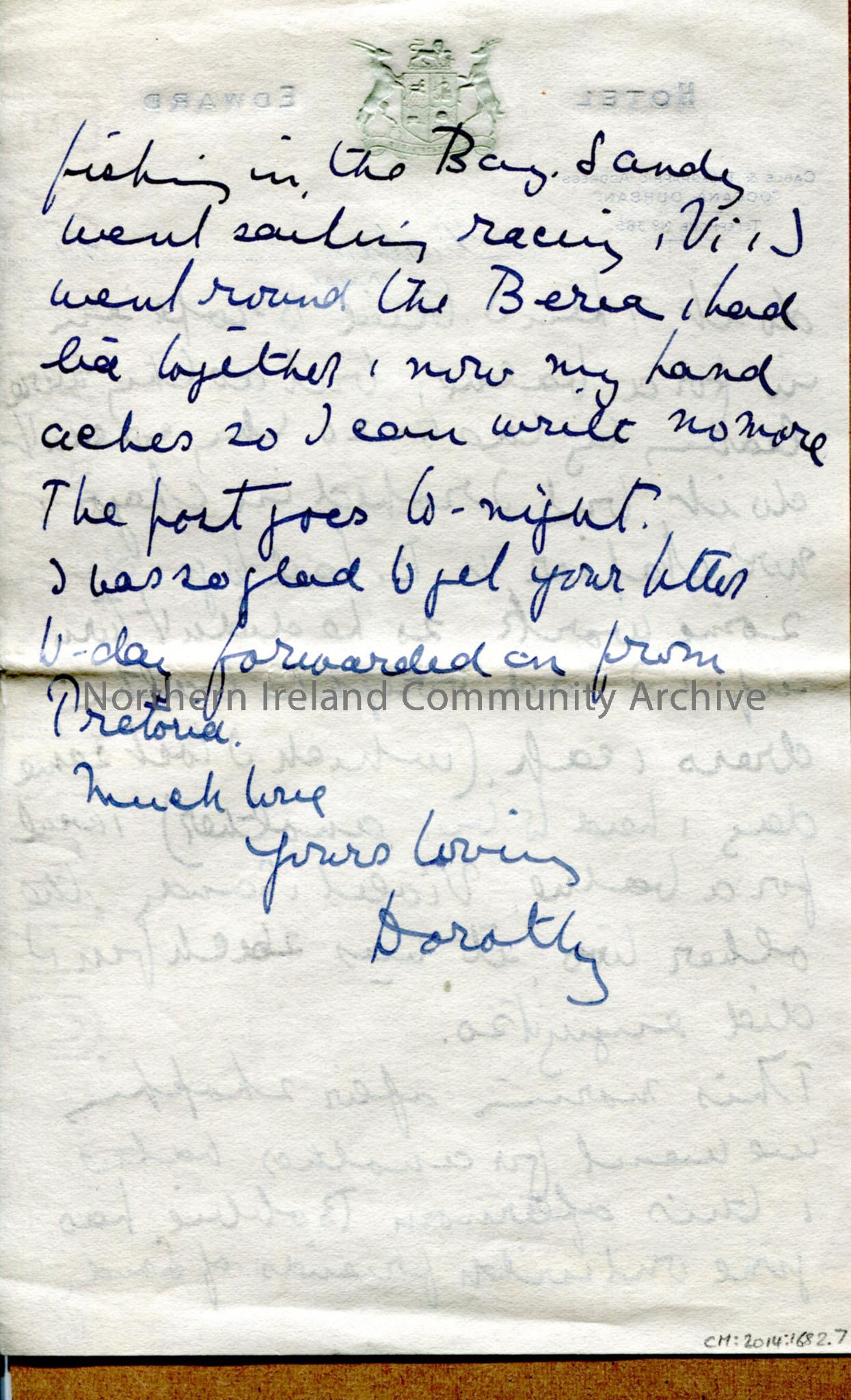 One of 7 pages of handwritten letter, on both sides, from Dorothy to her mother – on stationery notepaper of Hotel Edward in Durban. Military mix-up o… – img071b