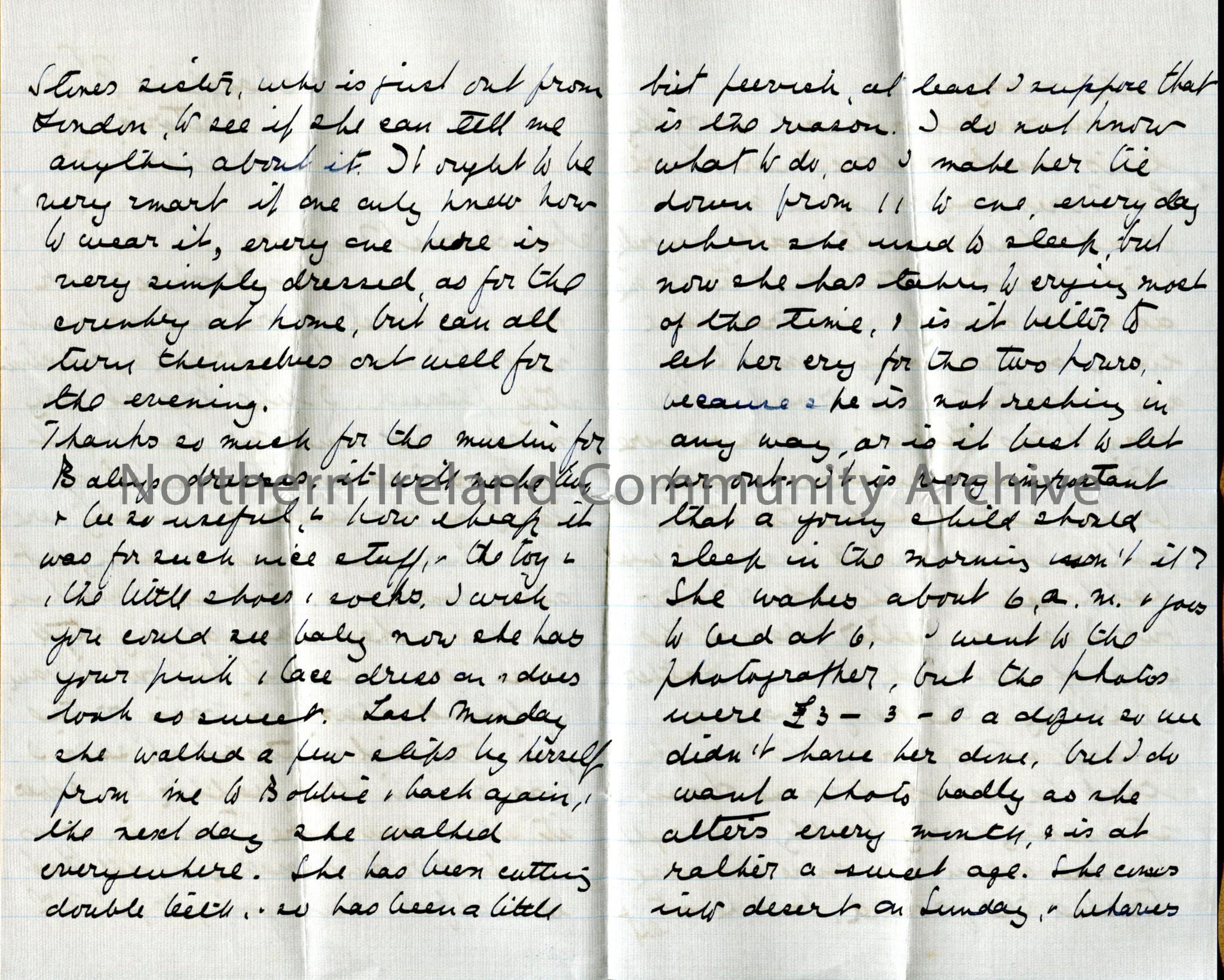 One of 3 double pages (1 white/lined, 2 blue/unlined) of handwritten letter from Dorothy to her mother. Her mother has sent a feather but she is unsur… – img084b