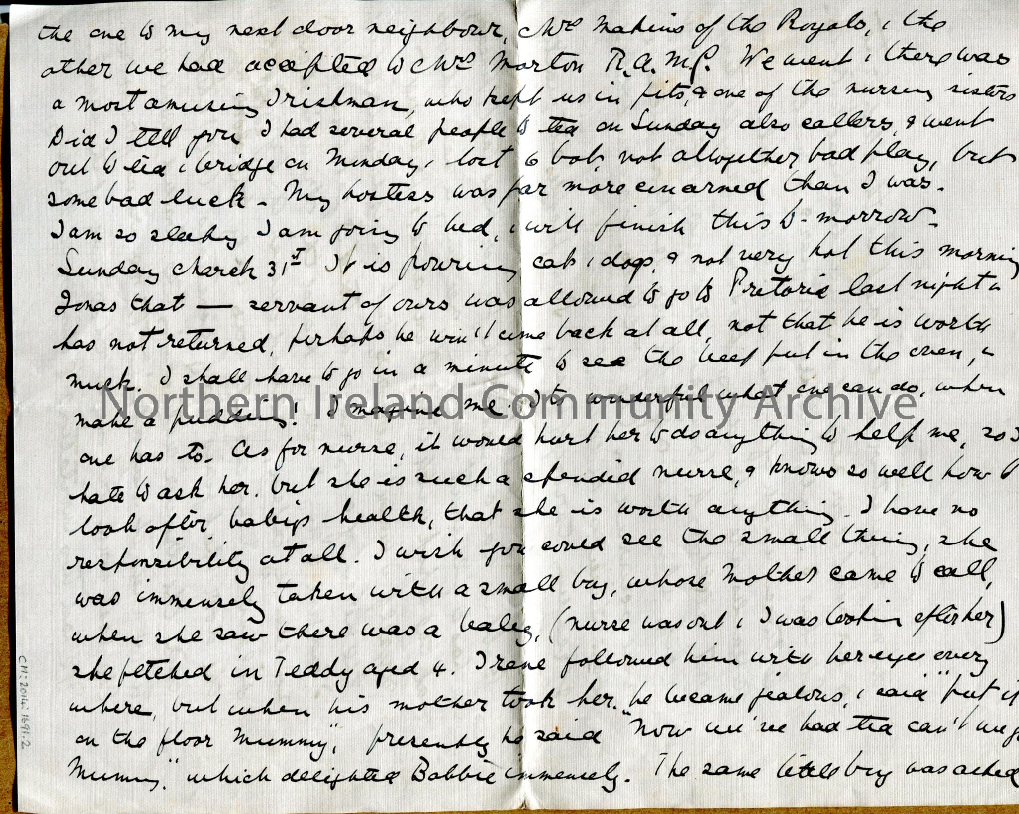 One of 3 pages of handwritten letter from Dorothy to her mother, written on both sides of first 2 pages. Measles outbreak brought in by Somalis; Irene… – img093b