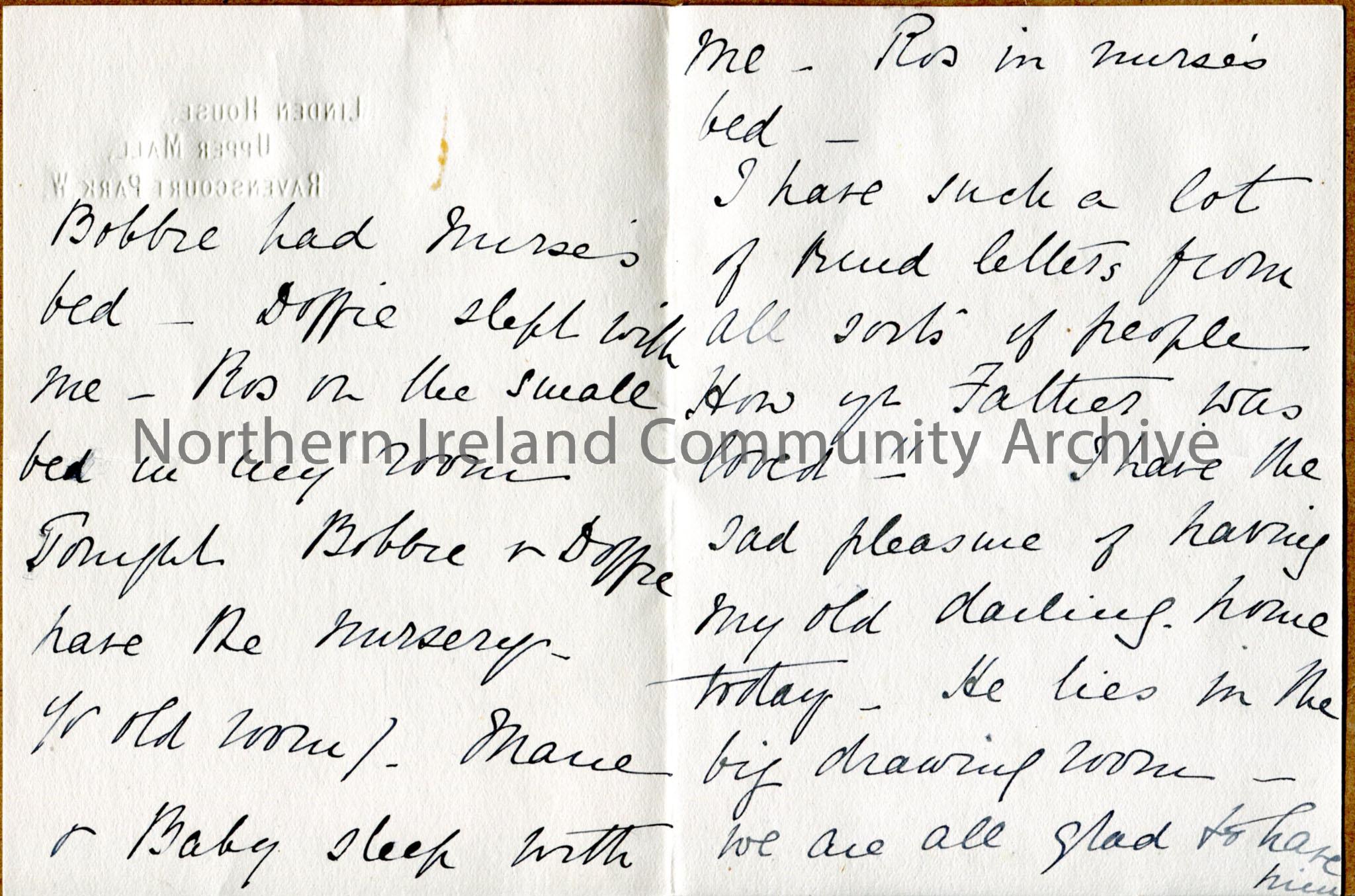 One of 2 pages of letter from Mrs Arter to son Bertie who is in Bournemouth. Her husband is dead – Dorothy, Bobby and baby have arrived, she describes… – img104b