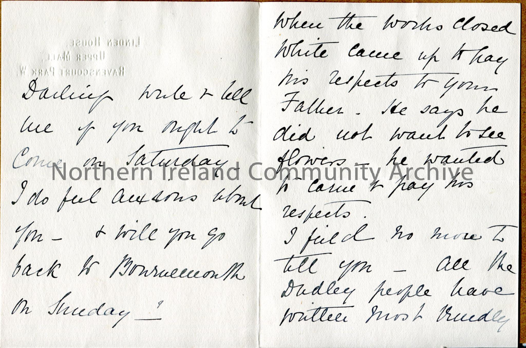 One of 2 pages of letter from Mrs Arter to son Bertie who is in Bournemouth. Her husband is dead – Dorothy, Bobby and baby have arrived, she describes… – img105b