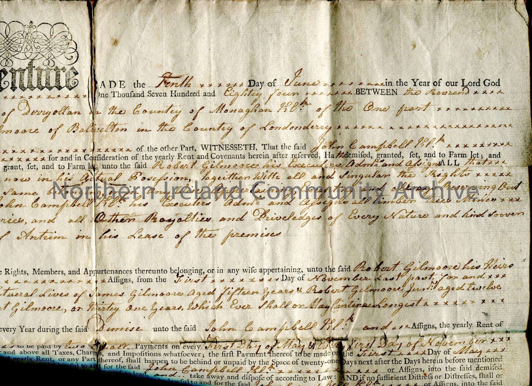 18th century indenture for land rental agreement, with conditions of lease, for land in Ballyvelton – img115b