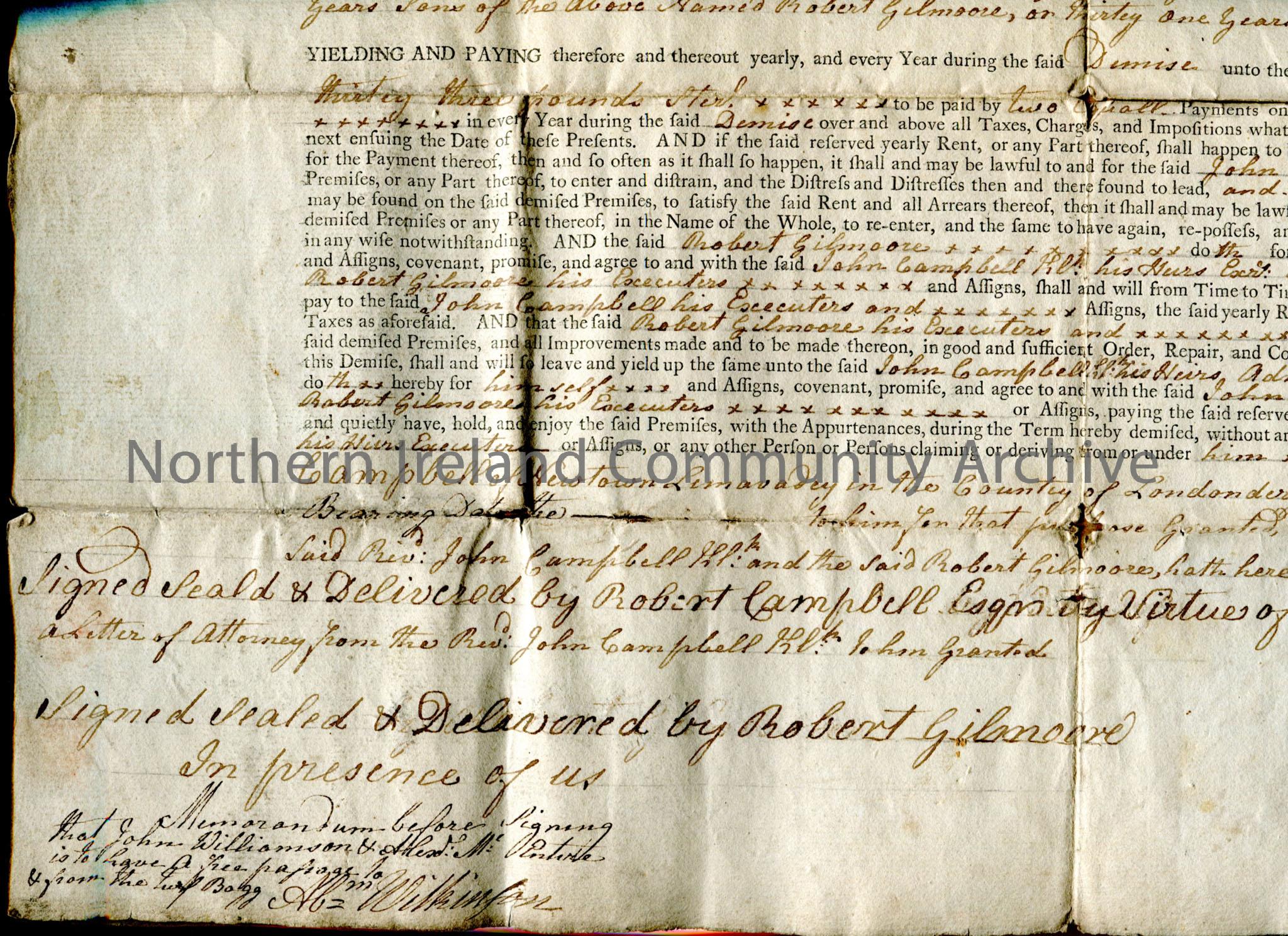 18th century indenture for land rental agreement, with conditions of lease, for land in Ballyvelton – img115c