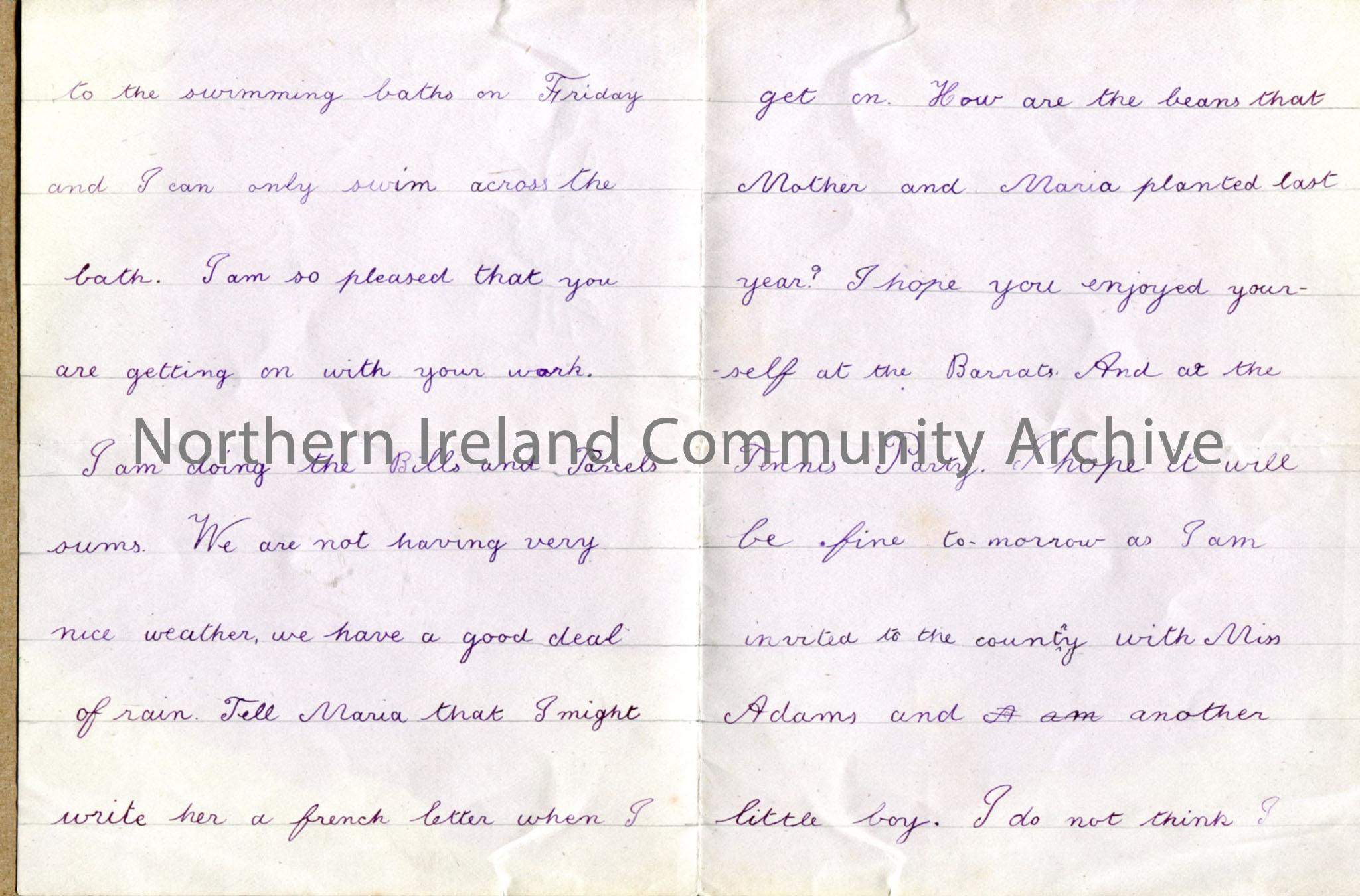 Letter from Erland to Bertie, wishing him happy birthday. Small hand drawn and coloured flower top left. Erland is in France and can swim across swimm… – img116b