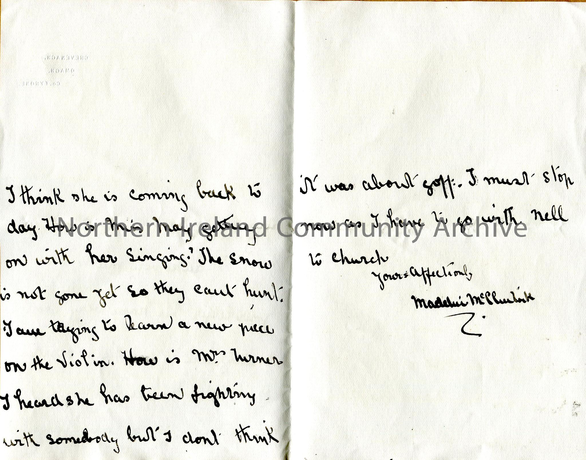Folded double page of handwritten letter in ink, with stamped address at heading. Addressed to ‘Dear Emmy’. Good skating in field. Florence at Seskino… – img138b