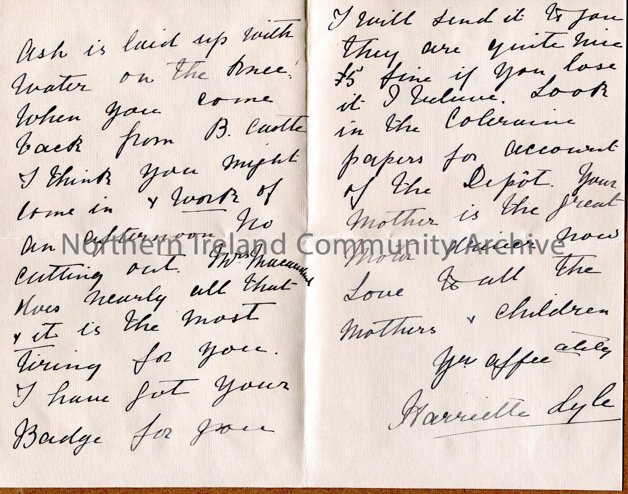 Handwritten letter, in ink, to Emmie from ?Hariette Lyle. Health of various people. Got badge for Emmie, who is in Ballycastle – £5 fee for losin… – img143b