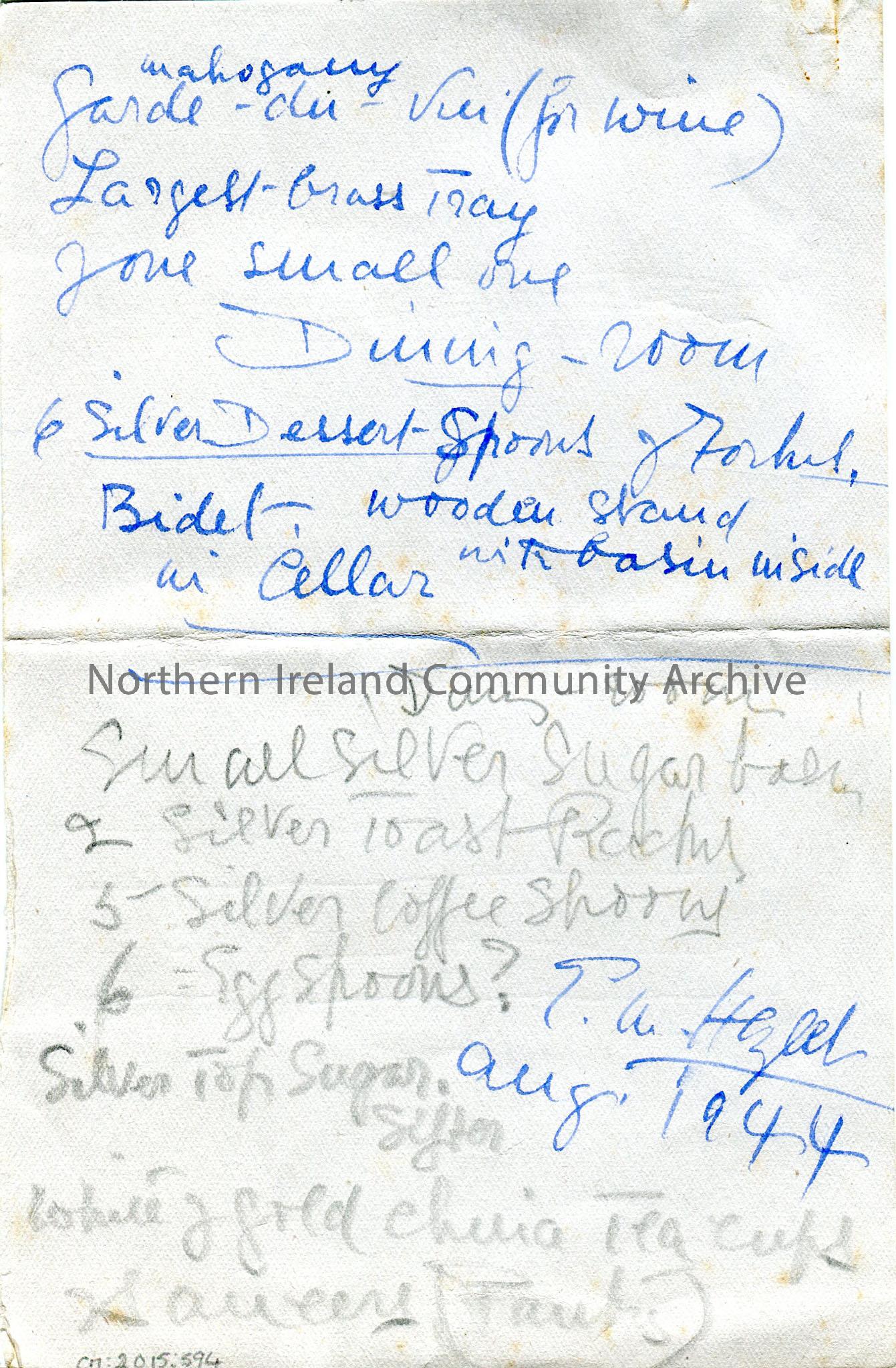 Handwritten list in ink of items ‘Belonging to Bovagh’, with some crossed out in pencil and others added. Includes armchairs, tea table, bureau, plate… – img148b