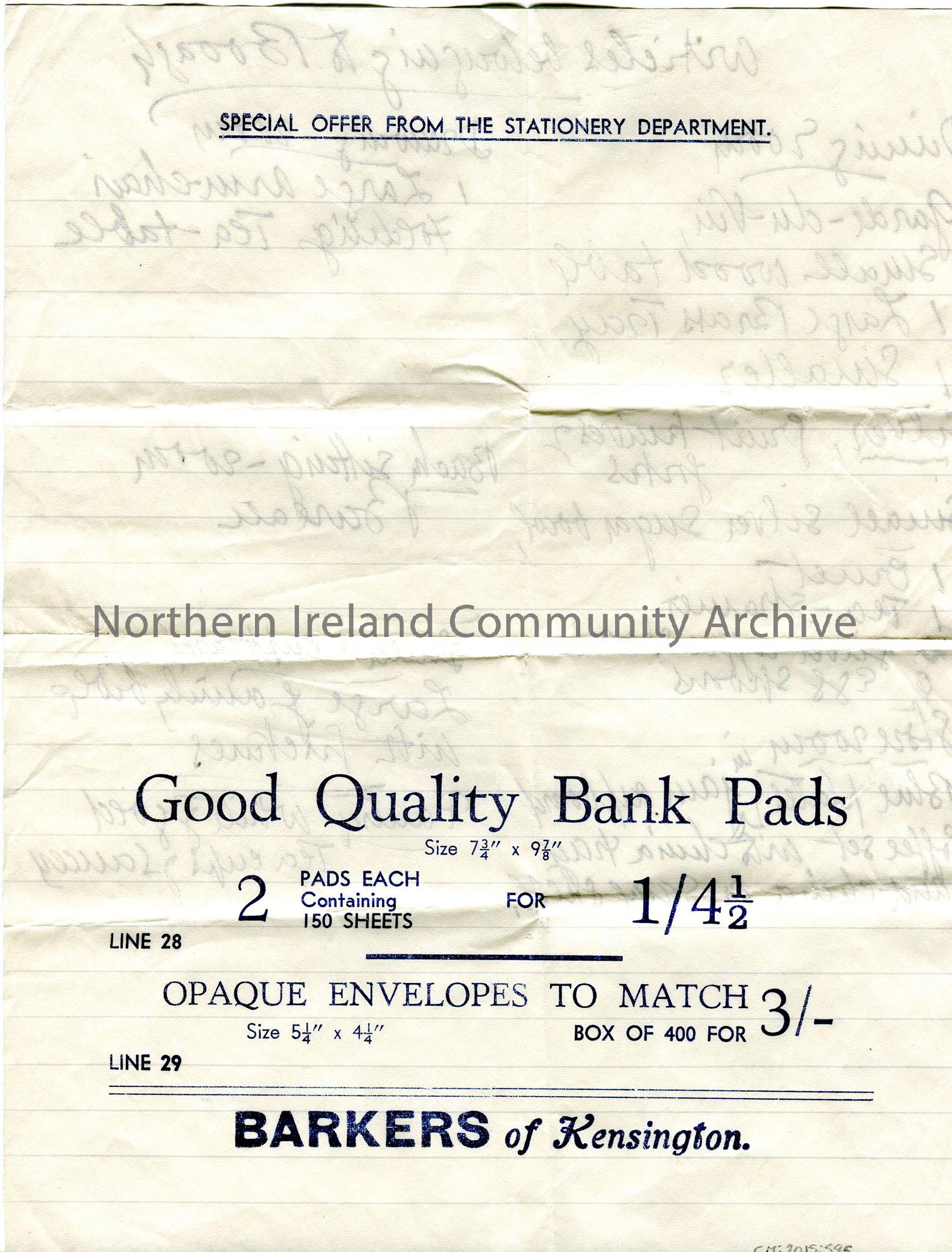 Handwritten list in ink of items ‘articles belonging to Bovagh’, written on reverse of lined page carrying advert for ‘Quality Bank Pads’. Furniture a… – img149b