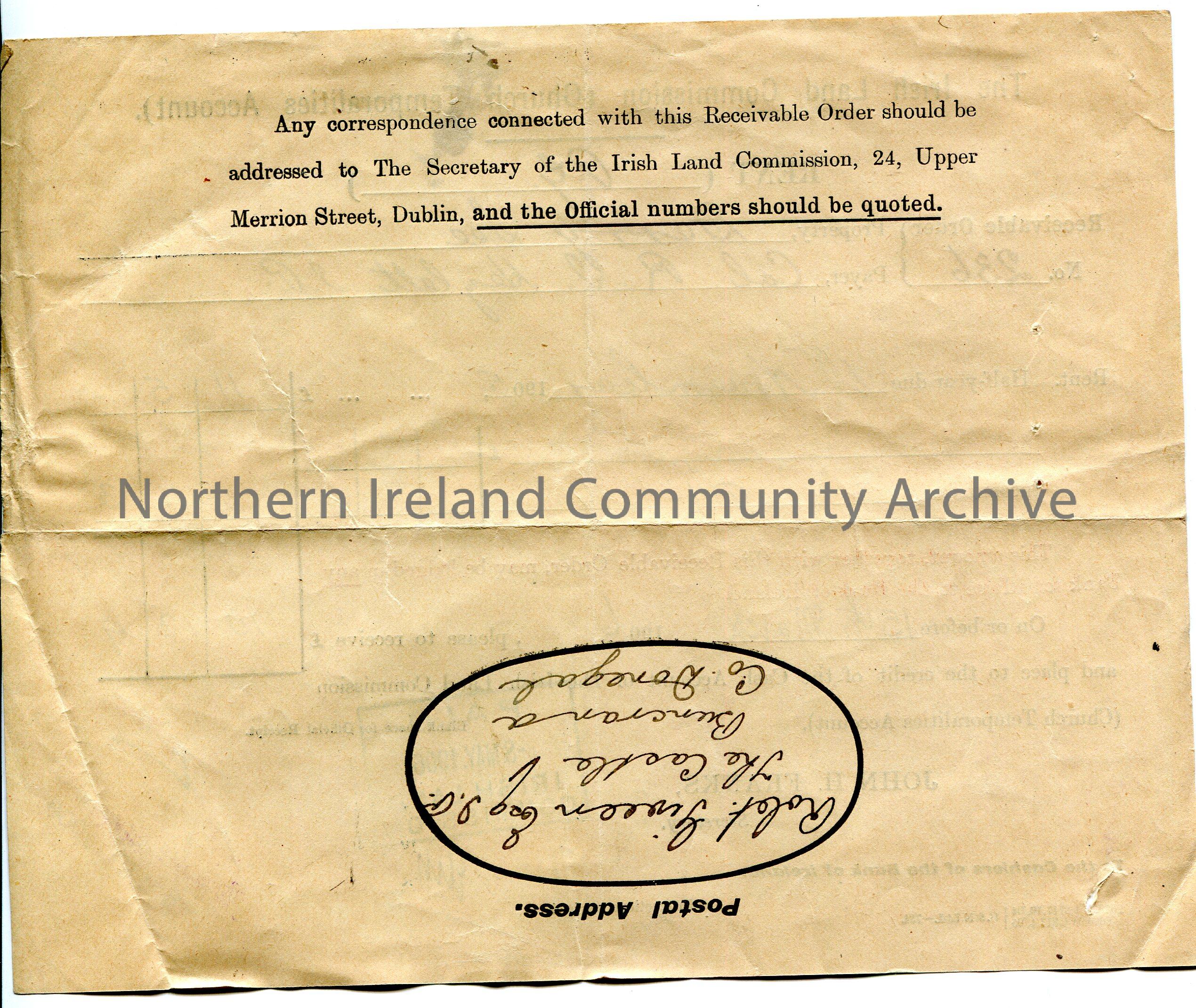 Handwritten receipt for payment into the Cash Account of The Irish Land Commission. Receivable Order No. 236. Property – Derry See. Payer – Col. R. J…. – scan036b