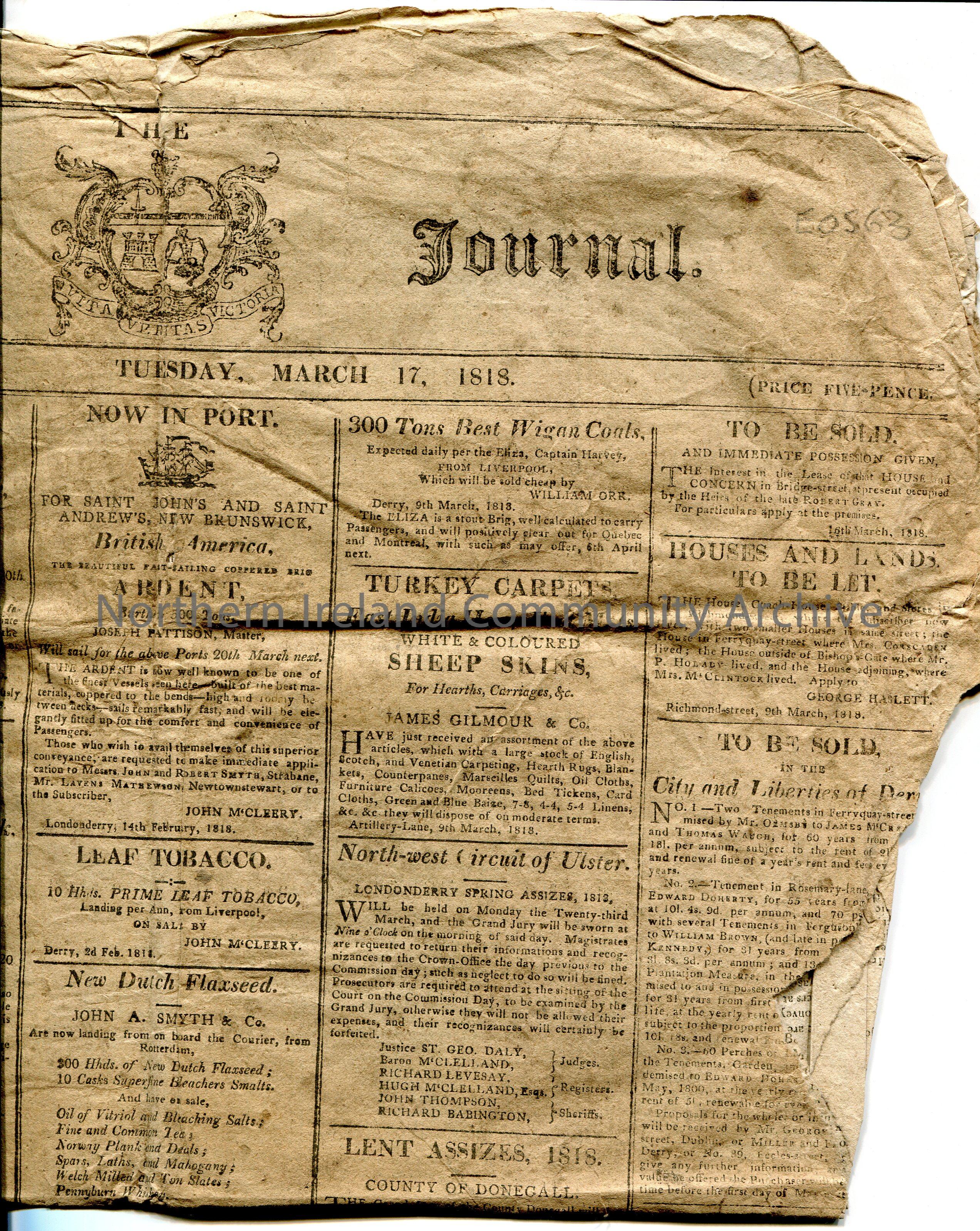 The front and back ? page of the ‘L:Derry Journal’ newspaper. Dated Tuesday, 17th March, 1818. Vol. XLV. – No 3413. Contains news items and advertisem… – scan065b