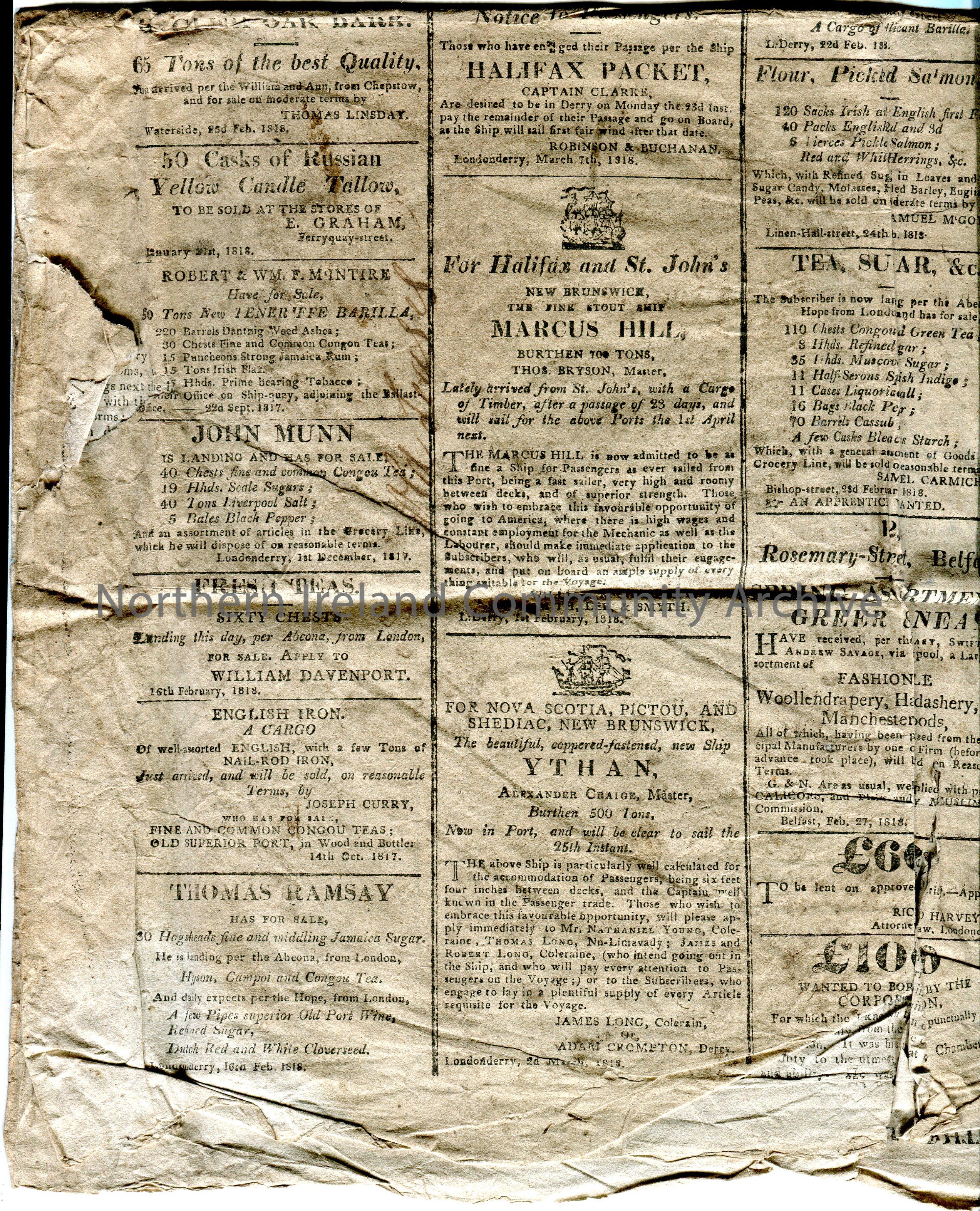 The front and back ? page of the ‘L:Derry Journal’ newspaper. Dated Tuesday, 17th March, 1818. Vol. XLV. – No 3413. Contains news items and advertisem… – scan065c