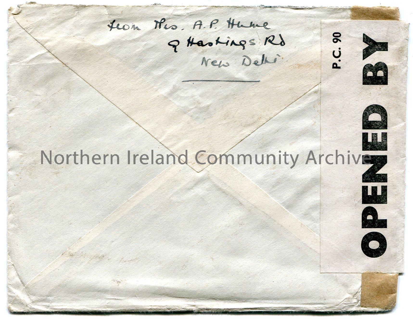 Handwritten envelope addressed to Mrs Hezlet Bovagh Aghadowey, Co. Derry, N. Ireland. From Mrs A. P. Hume, 8 Hastings Road, New Delhi. Sent by Air Mai… – scan153b