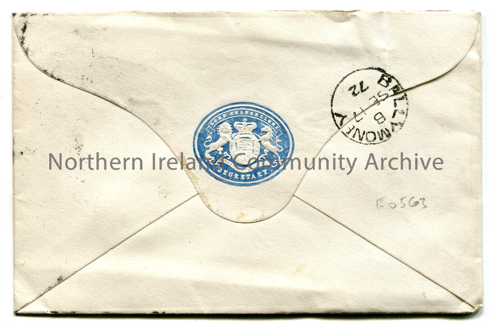Handwritten envelope addressed to John Hezlet, Bovagh, Aghadowey, Ballymoney. Date stamp of Dublin 16th September, 1872. Red one penny Queen Victoria … – scan160b