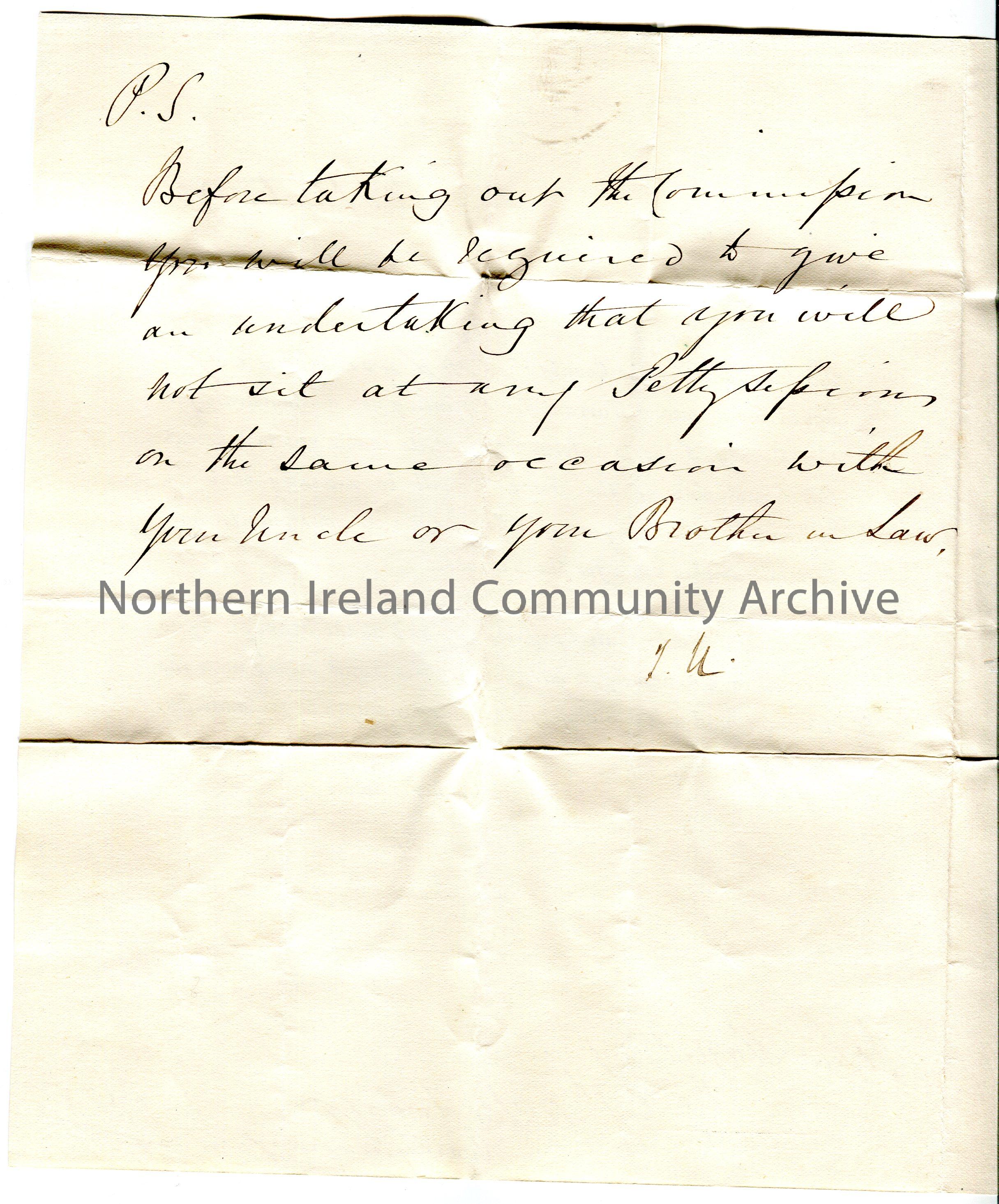 Pre printed letter (folded and written on two sides) with handwritten post script to John Hezlet Esq, Bovagh, Aghadowey, Ballymoney. Informing John He… – scan163b