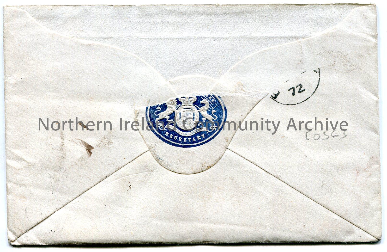 Handwritten addressed envelope to John Hezlet Esq., Bovagh, Aghadowey, Ballymoney. Date stamp of Dublin 11th September, 1872 on front. Red one penny Q… – scan165b