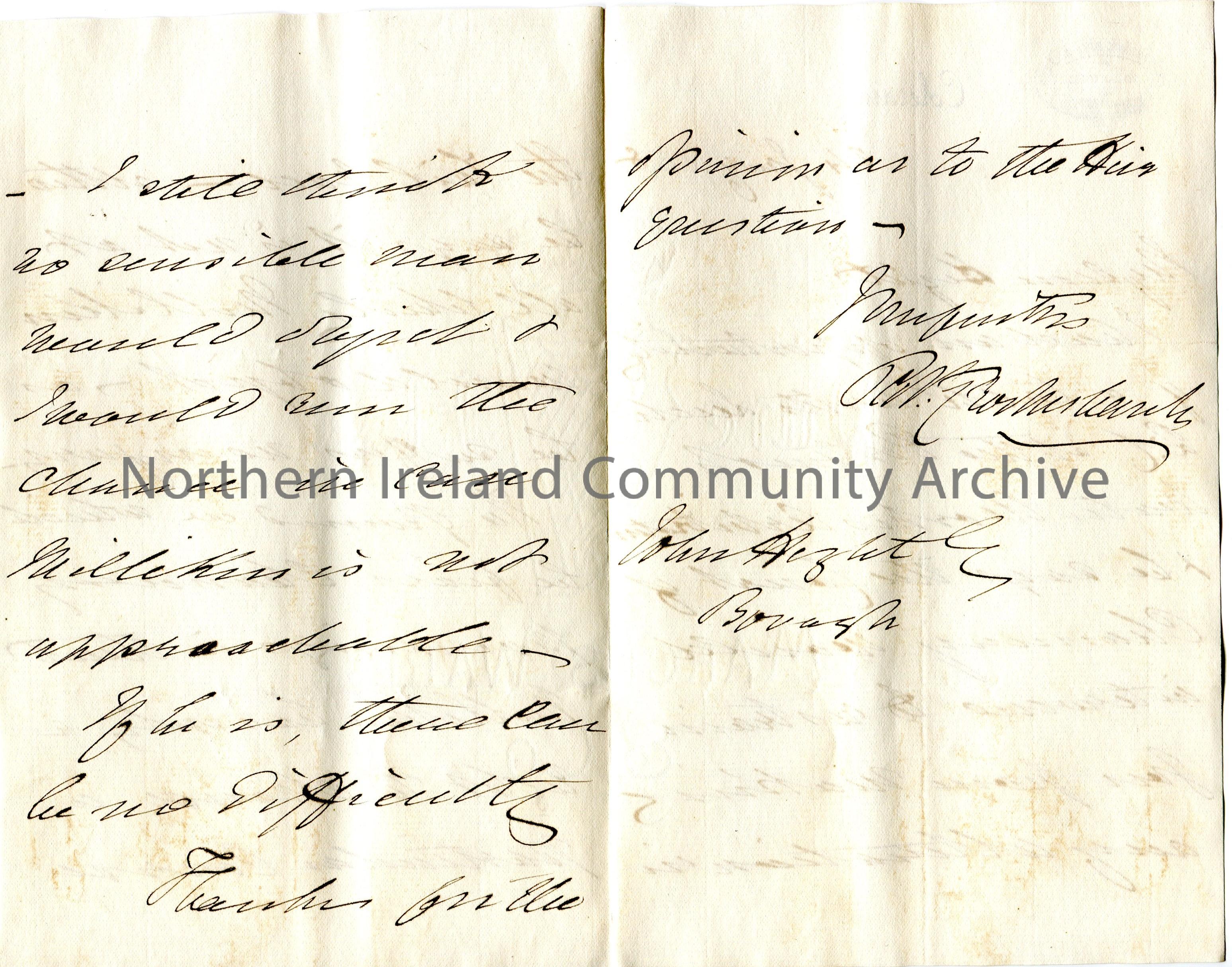 Handwritten letter to John Hezlet, Bovagh. (double sided). Mentions a Portrush Ulster Workers ? and the Court of Chancery would intervene and stop alt… – scan006b