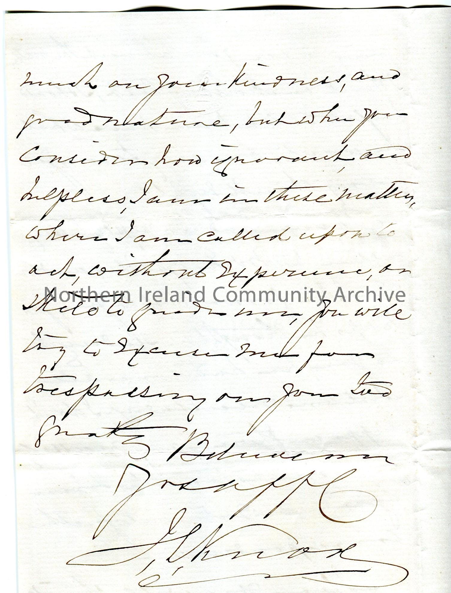 Handwritten letter. Recipient not named as beginning of letter missing. Writes that they are helpless when it comes to property matters. – scan012b