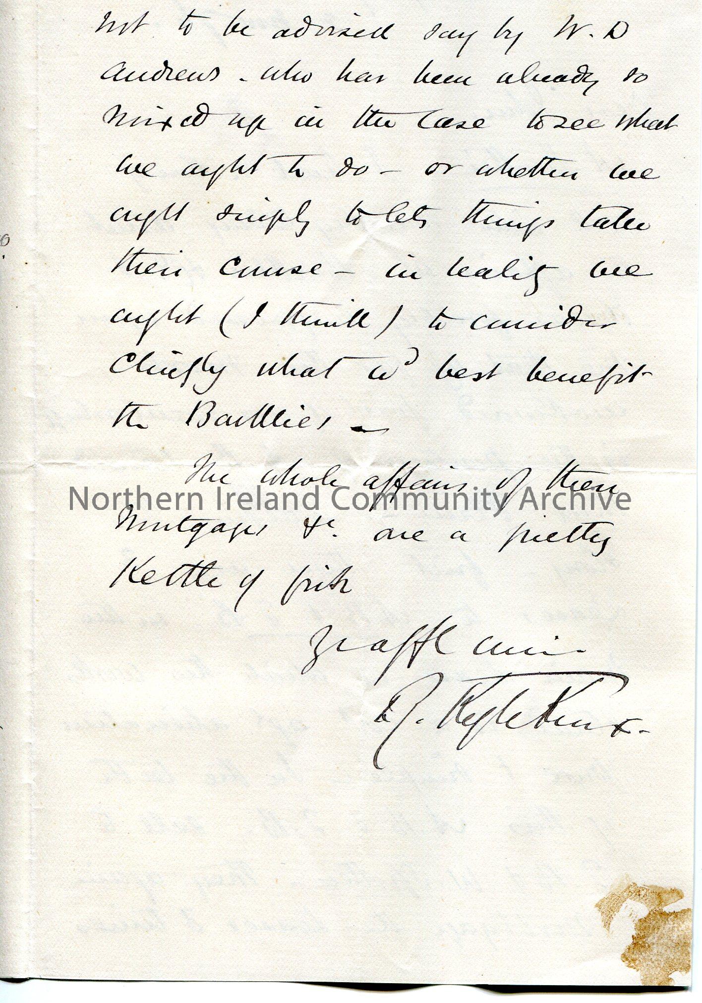 Handwritten letter to John. (Folded and written on four sides). Writing re a number of property and mortgages which are not straightforward. – scan014d