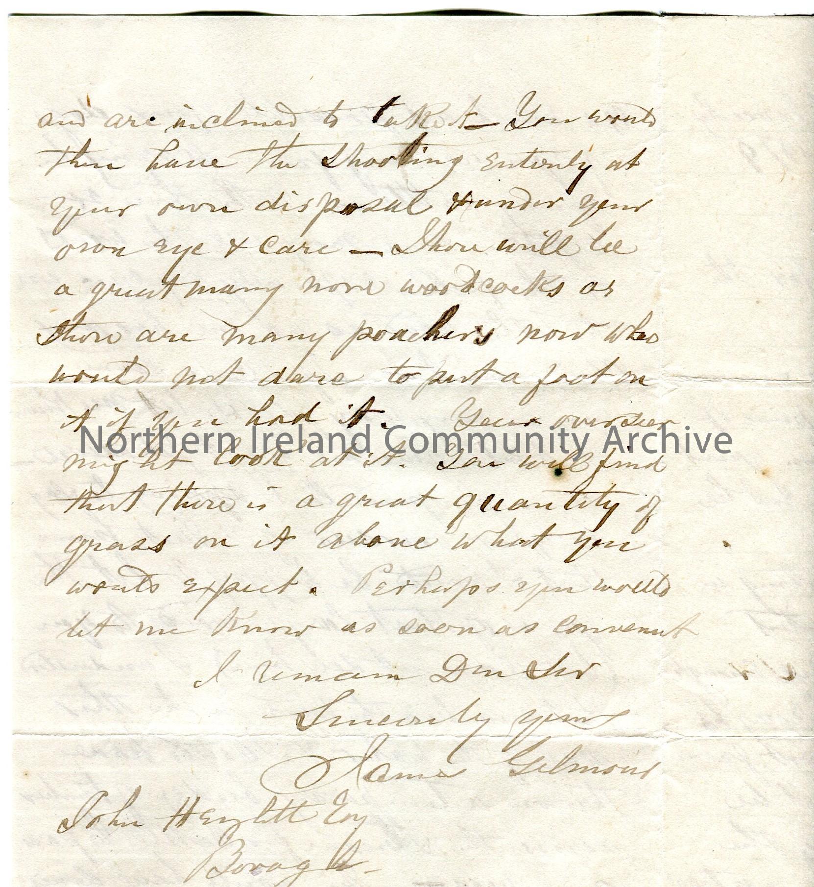 Handwritten letter to John Hezlett [Hezlet] Esq, Bovagh. (Folded and written on three sides on lined paper). Encloses receipt for £10.10.0. Write… – scan016c
